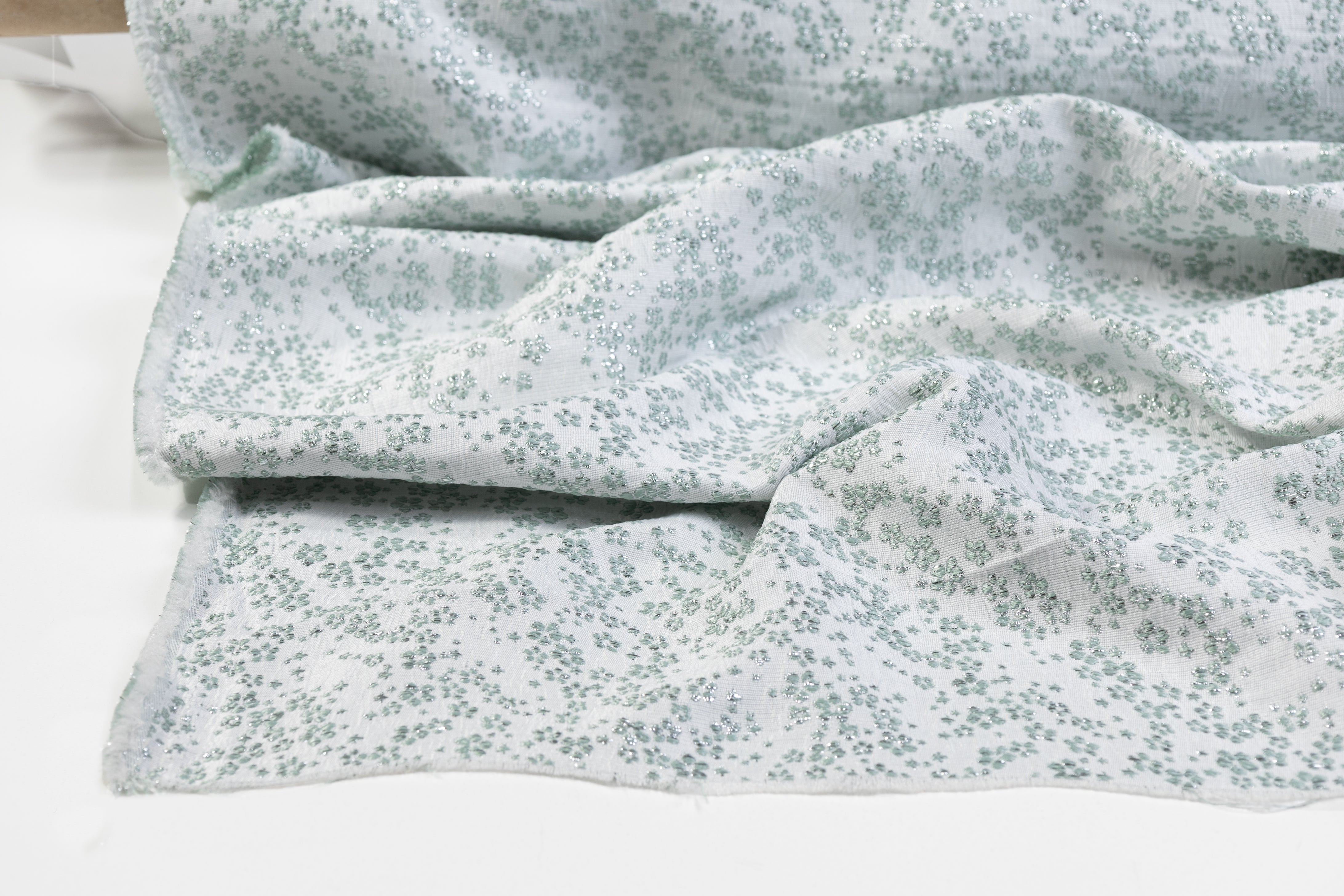 Ditsy Floral Metallic Brocade - Mint Green / White / Silver