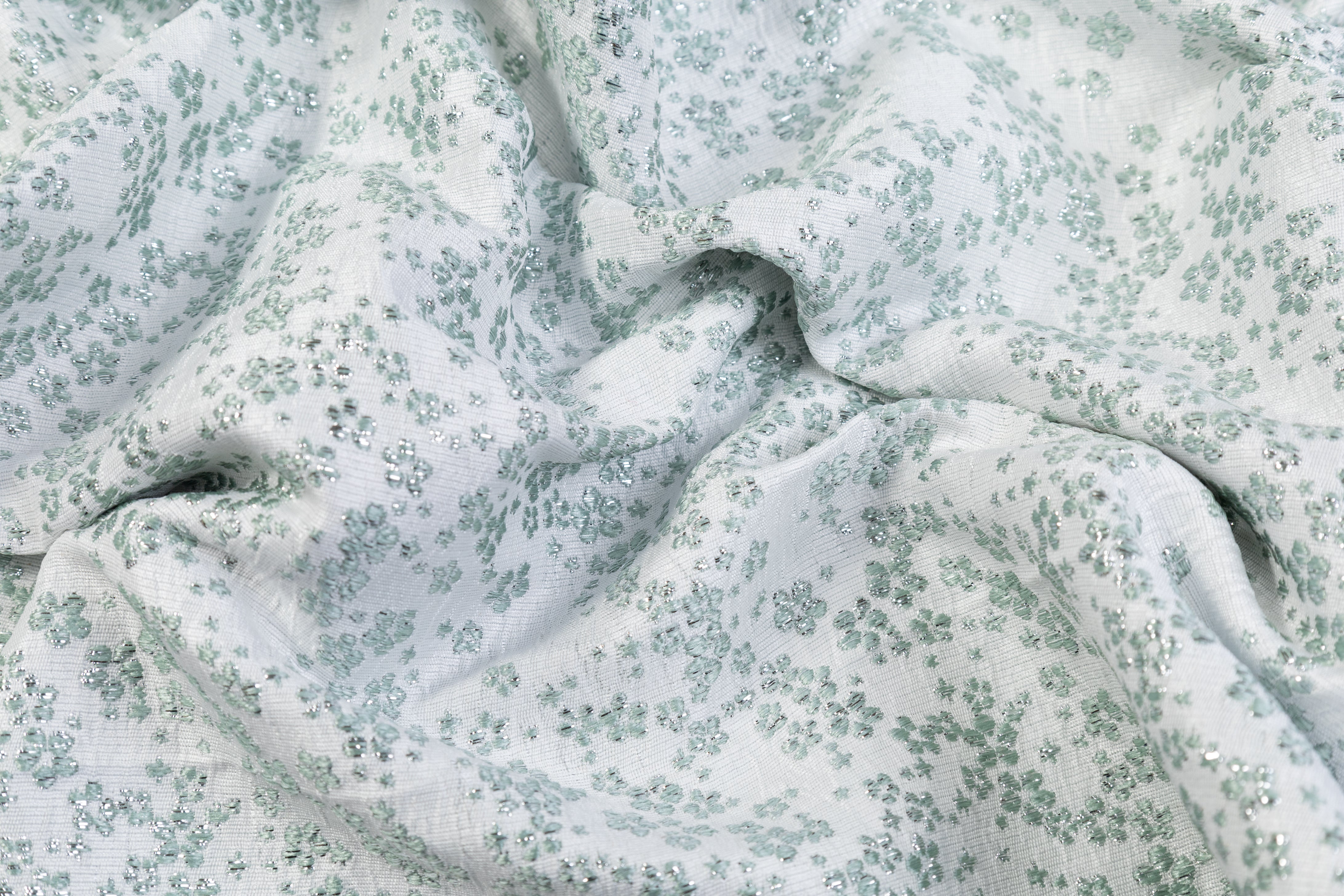Ditsy Floral Metallic Brocade - Mint Green / White / Silver