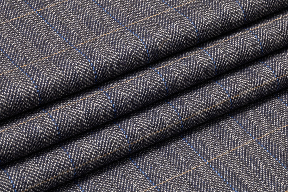 Checked Herringbone Italian Wool Cashmere Suiting - Navy Blue