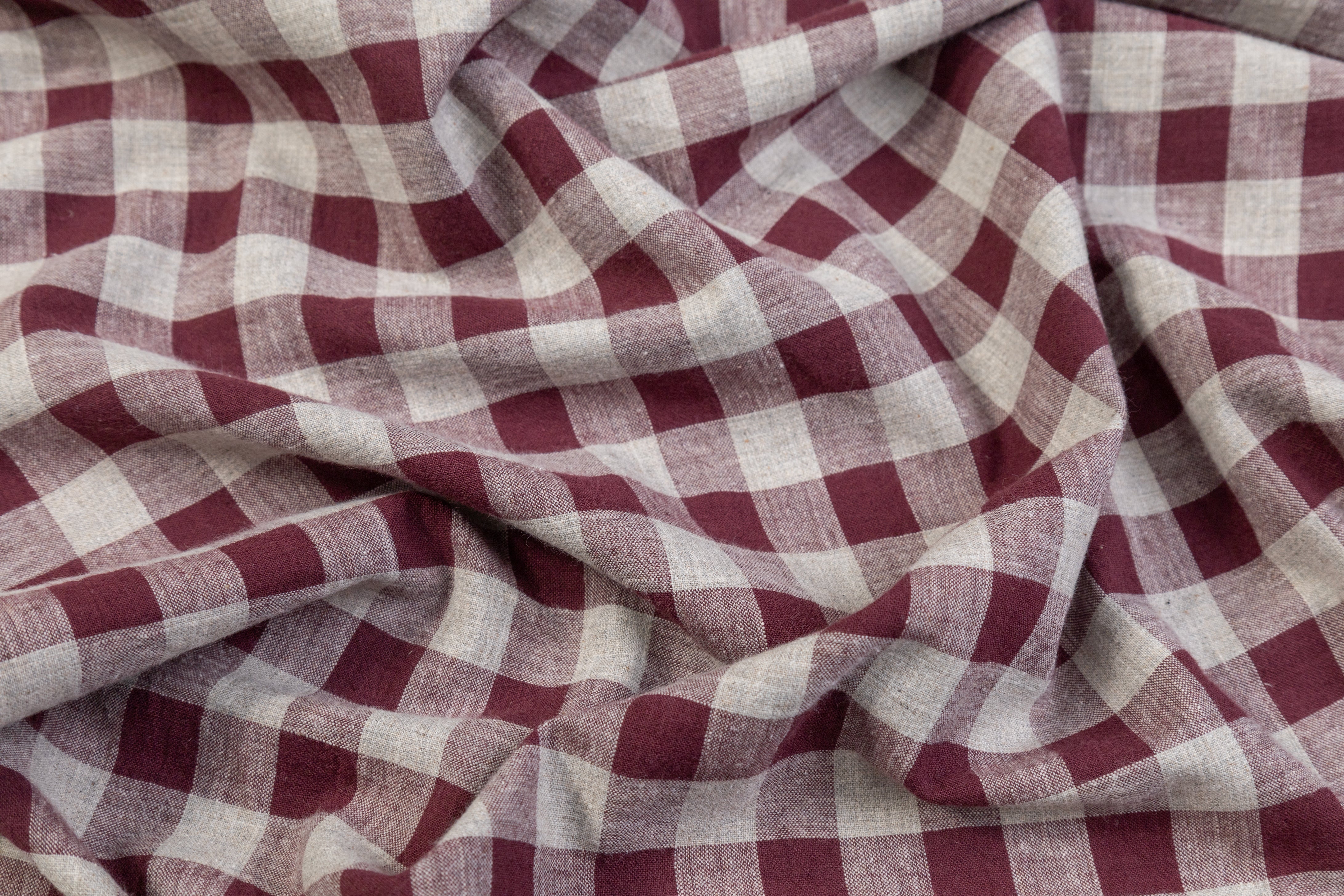 Checked Italian Cotton Linen Blend - Burgundy / Gray
