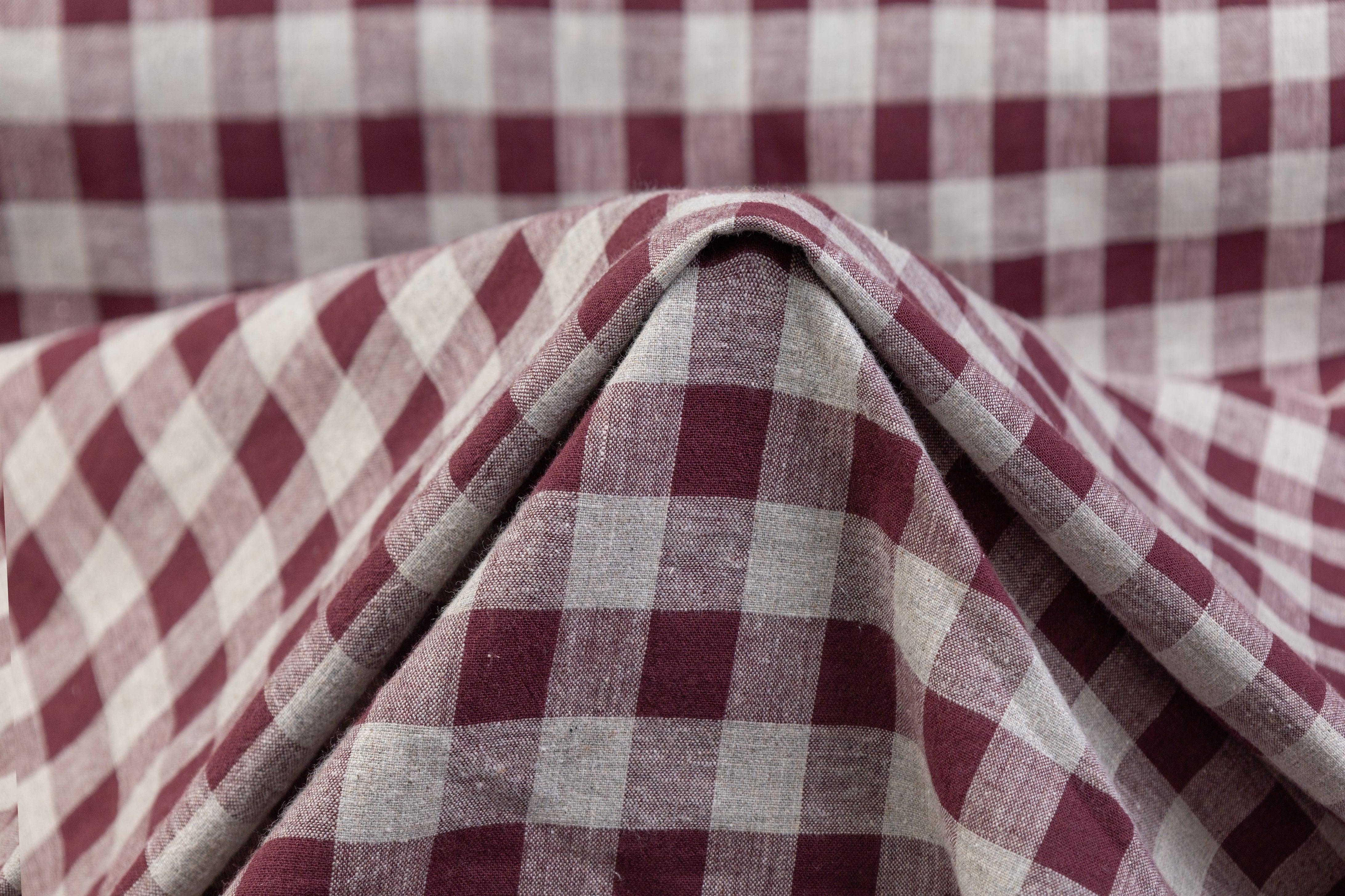 Checked Italian Cotton Linen Blend - Burgundy / Gray