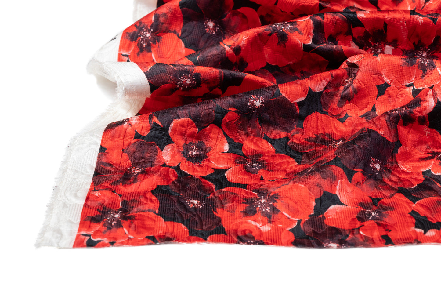 Floral Printed Italian Silk and Wool Matelassé - Black / Red