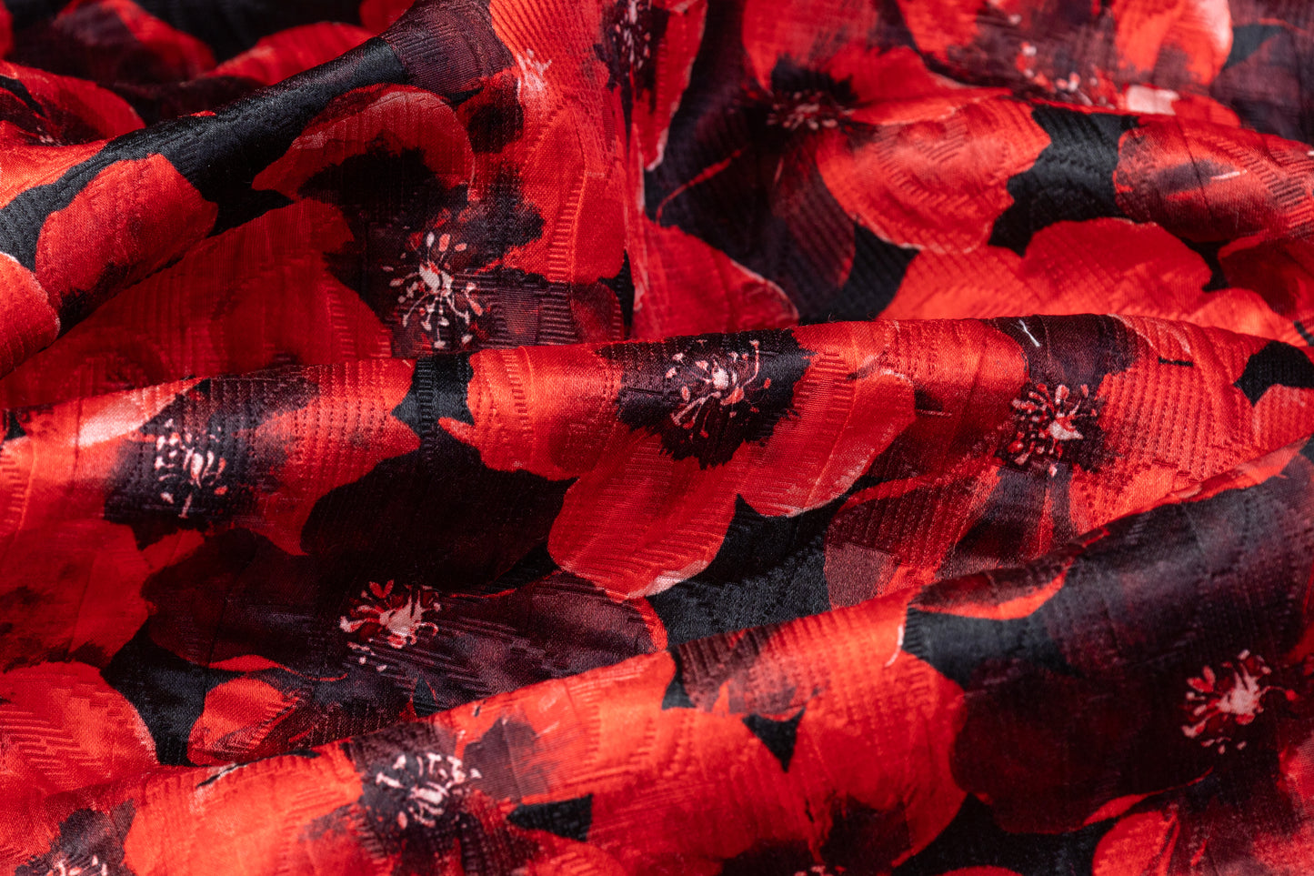Floral Printed Italian Silk and Wool Matelassé - Black / Red