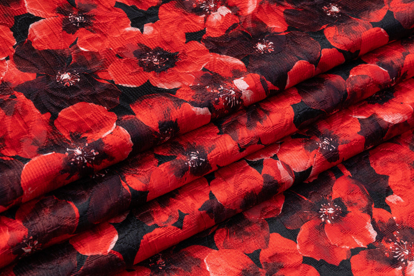 Floral Printed Italian Silk and Wool Matelassé - Black / Red