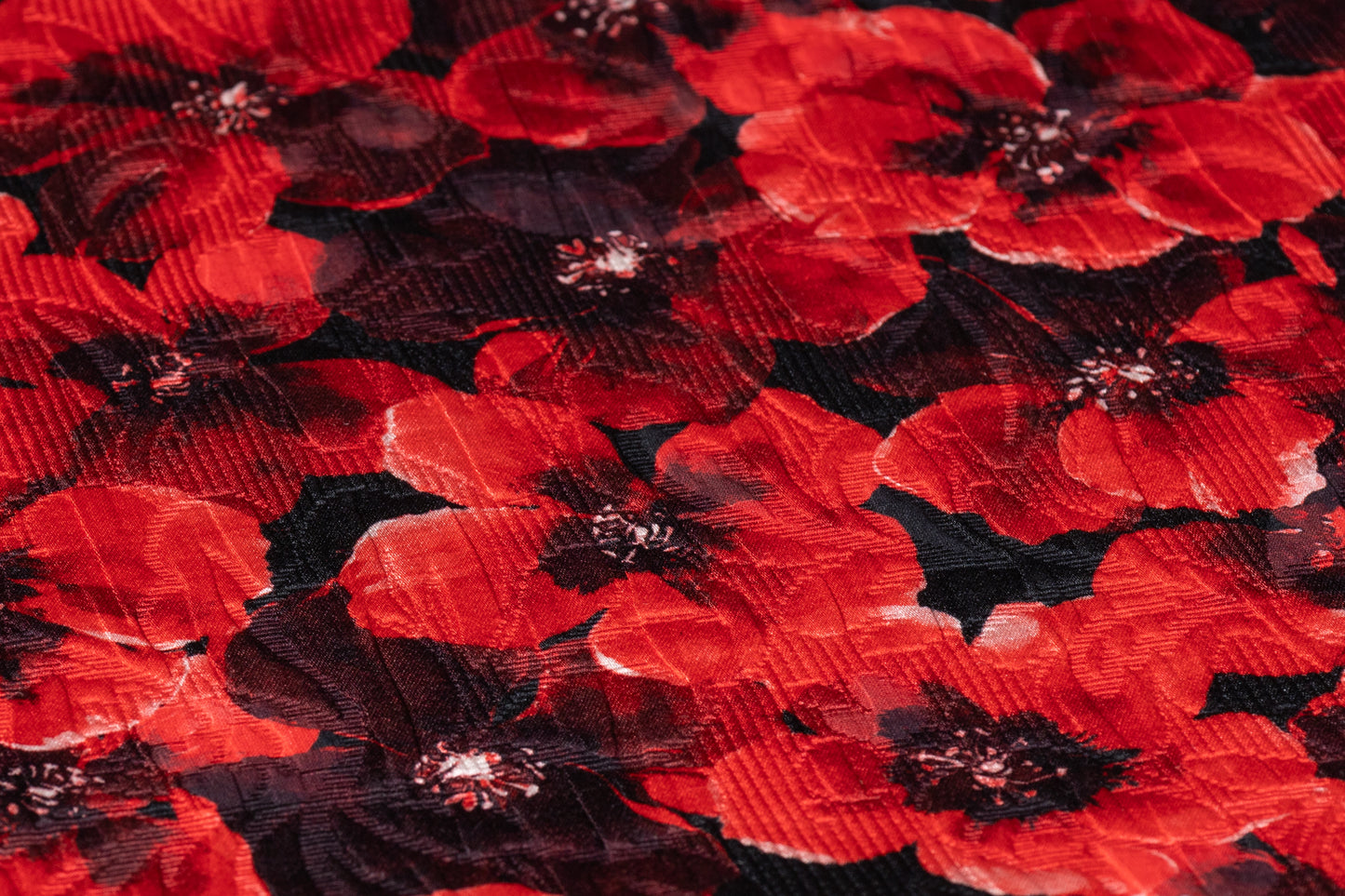 Floral Printed Italian Silk and Wool Matelassé - Black / Red