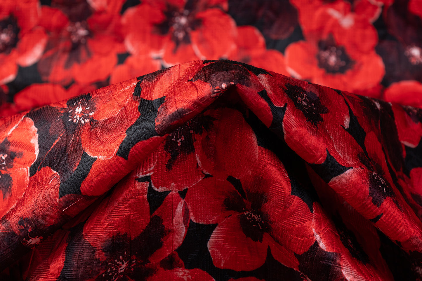 Floral Printed Italian Silk and Wool Matelassé - Black / Red