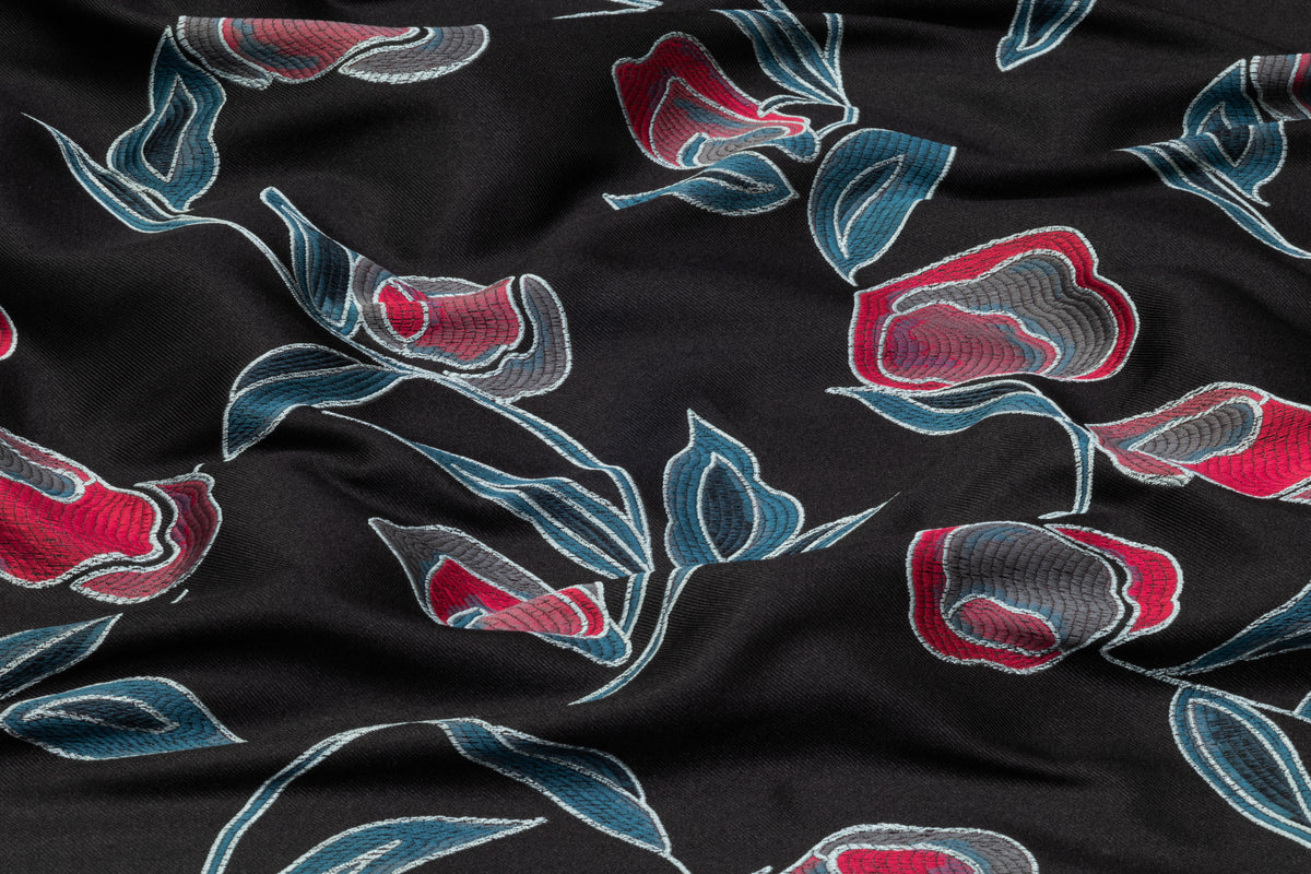 Floral Italian Brocade - Black / Teal Blue / Pink
