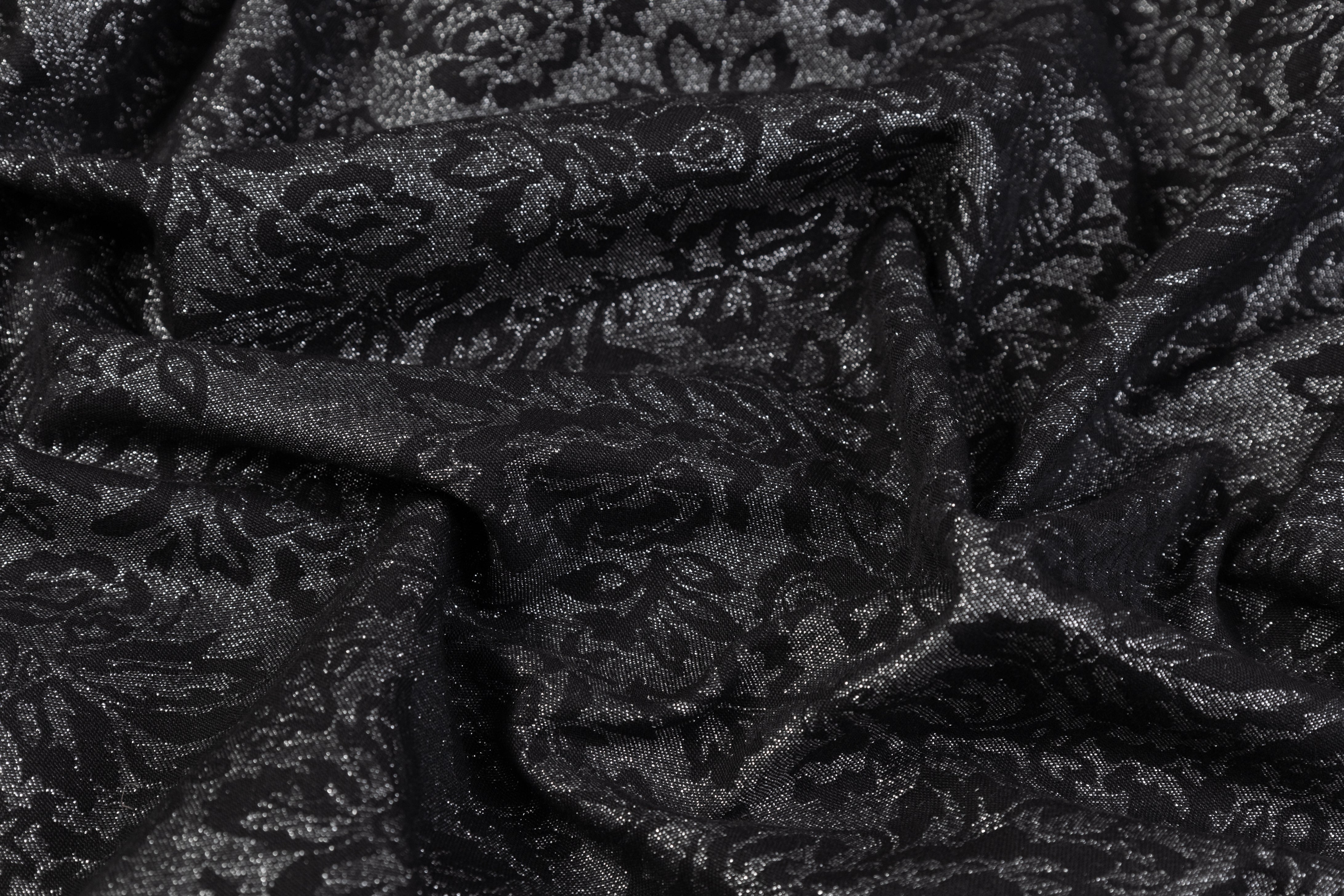 Double Faced Floral Metallic Cotton Denim - Black / Silver
