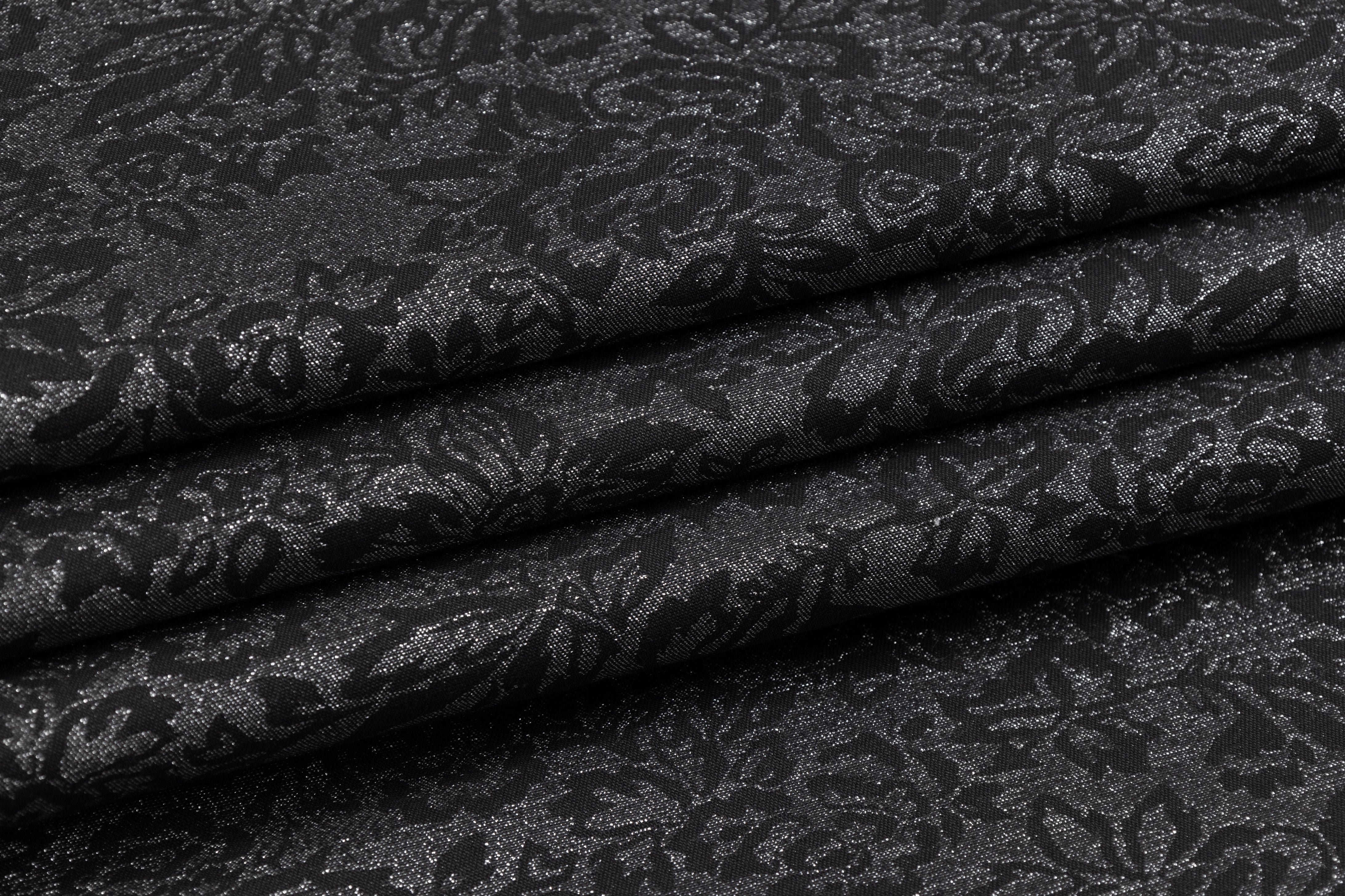 Double Faced Floral Metallic Cotton Denim - Black / Silver