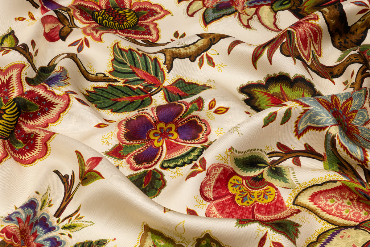 Floral Italian Silk Twill - Ivory / Multicolor