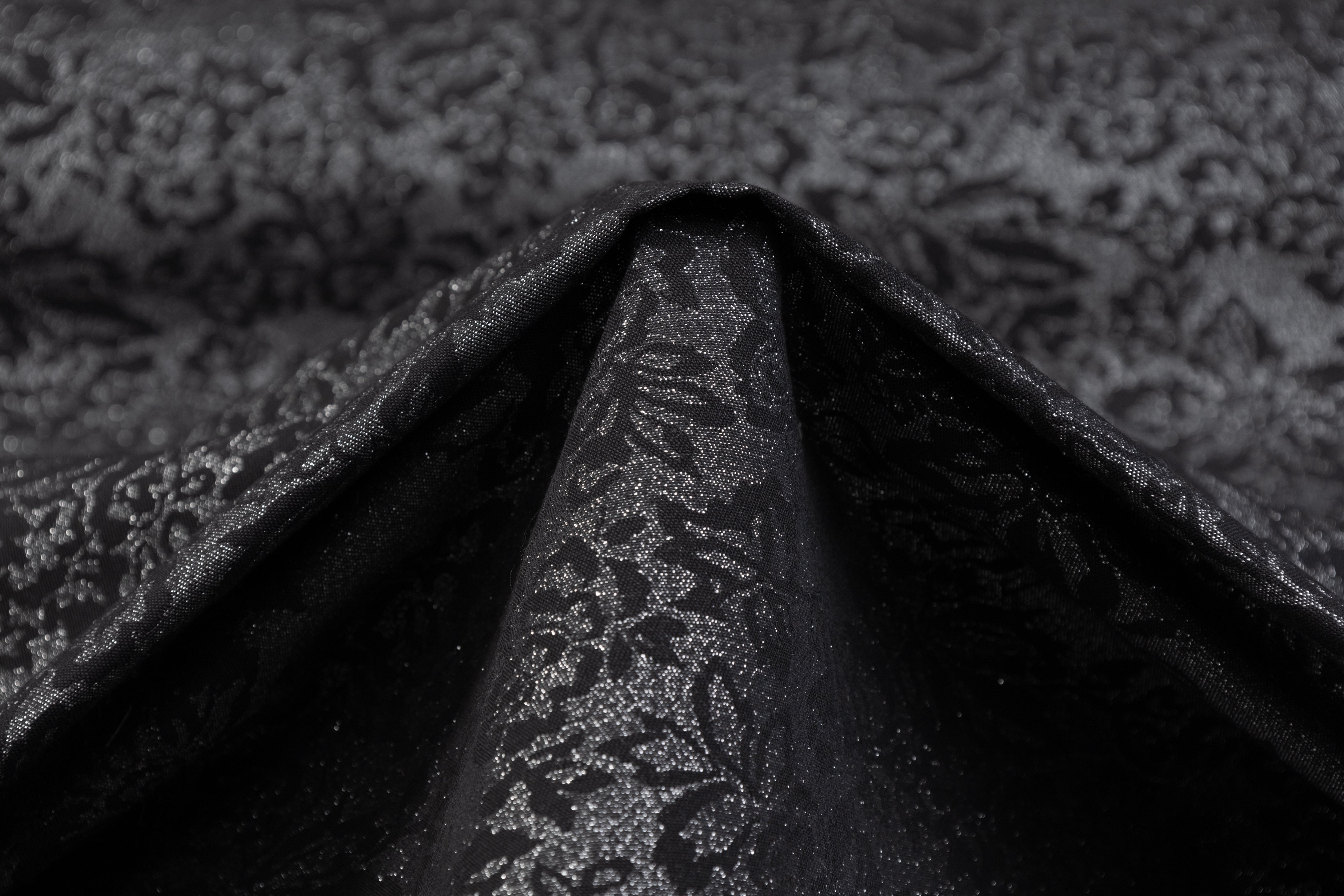 Double Faced Floral Metallic Cotton Denim - Black / Silver