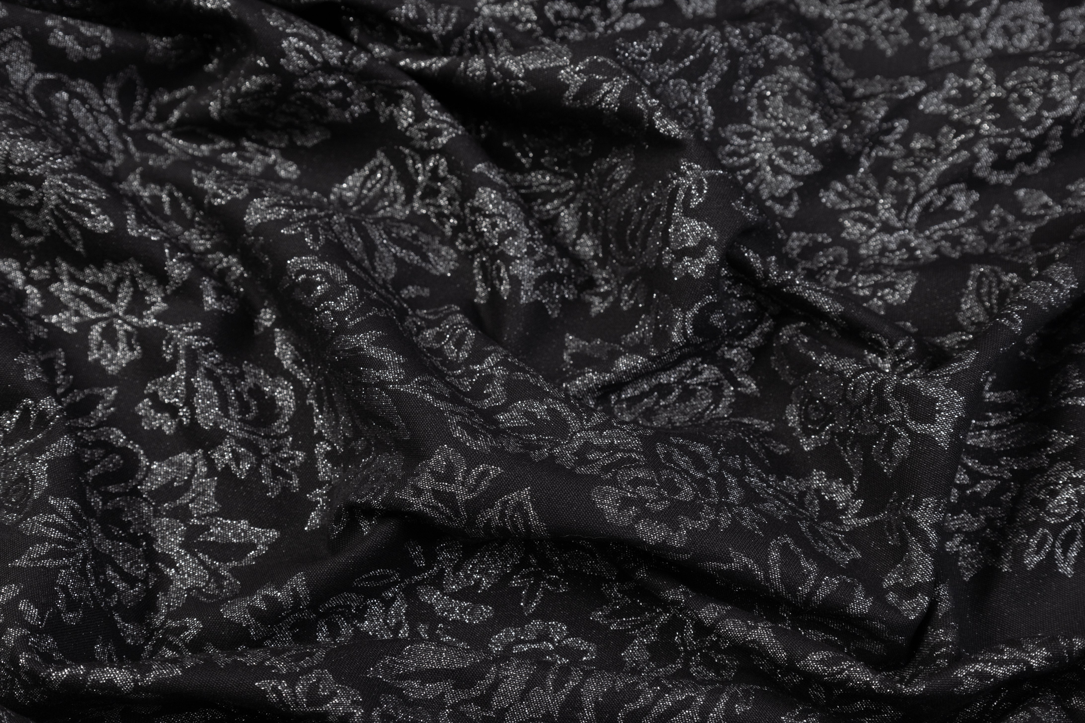 Double Faced Floral Metallic Cotton Denim - Black / Silver