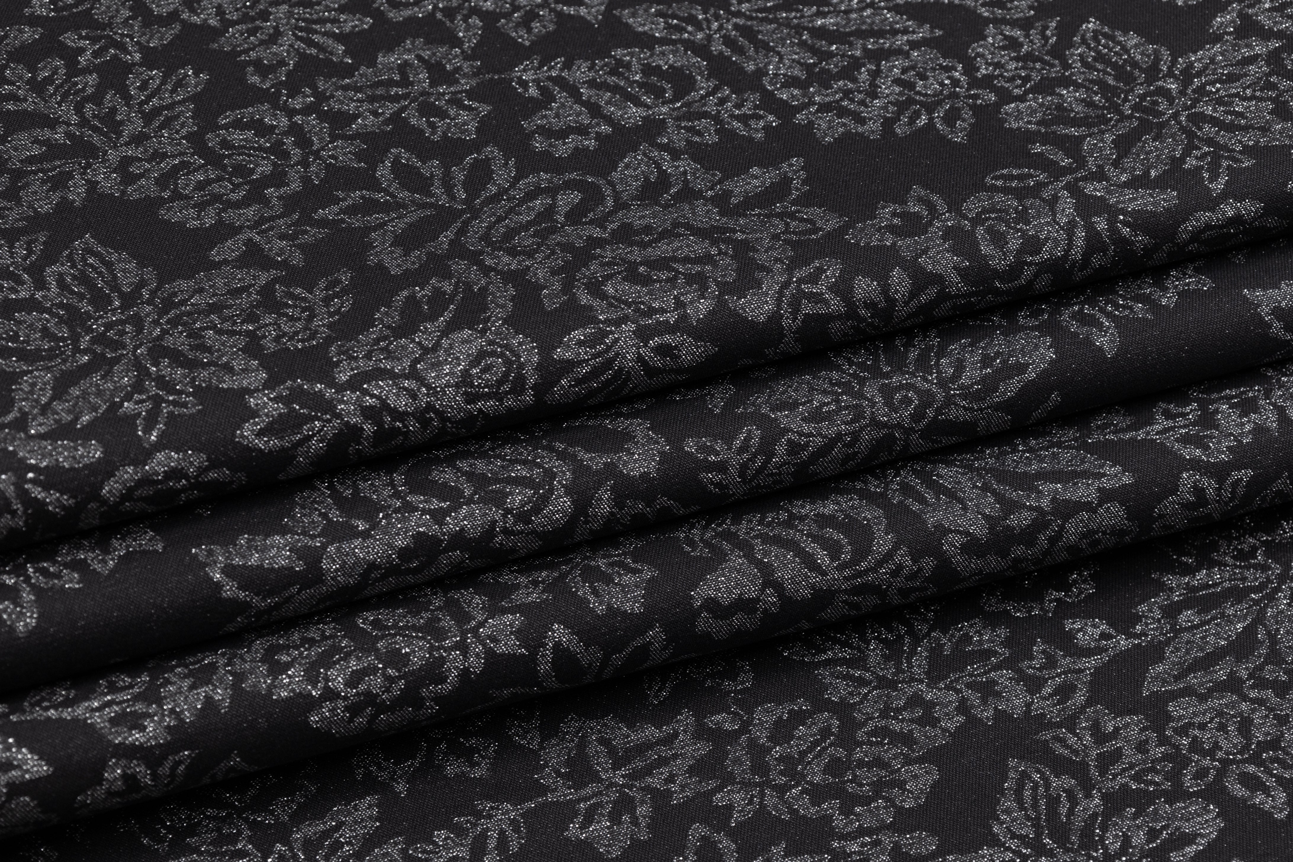 Double Faced Floral Metallic Cotton Denim - Black / Silver
