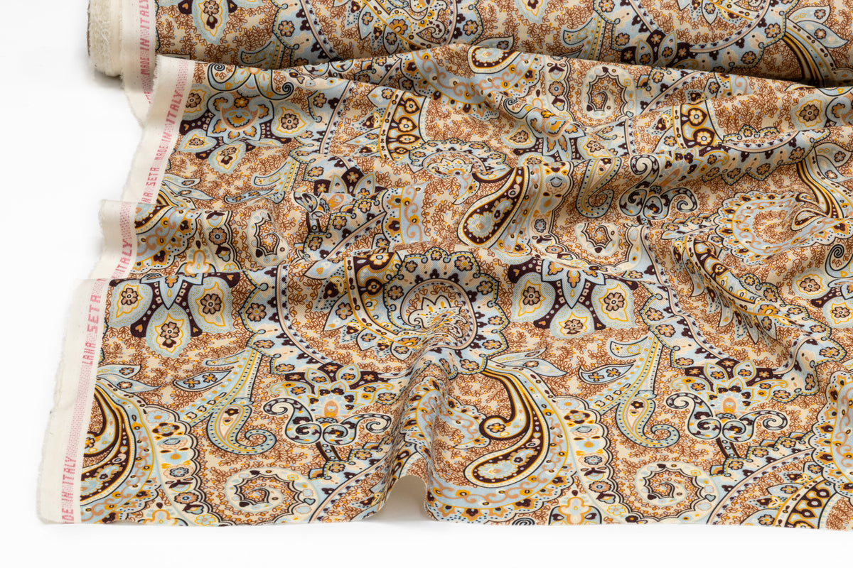 Paisley Printed Italian Silk and Wool Twill - Blue / Gold / Brown / Ivory