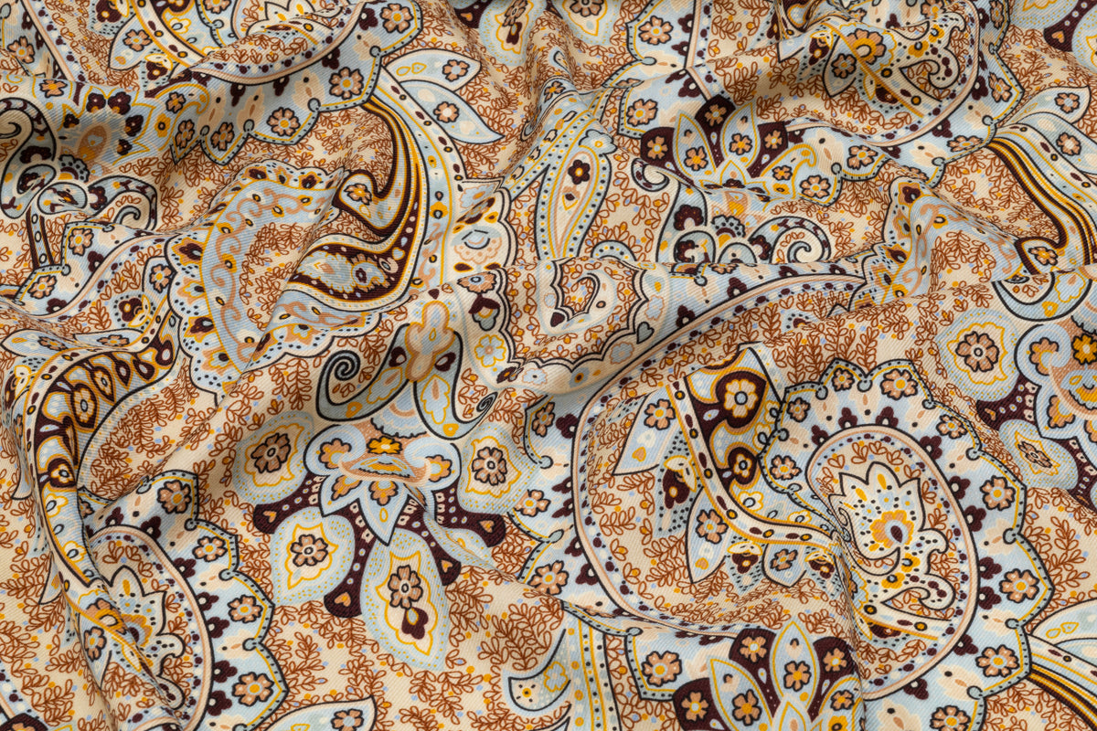 Paisley Printed Italian Silk and Wool Twill - Blue / Gold / Brown / Ivory