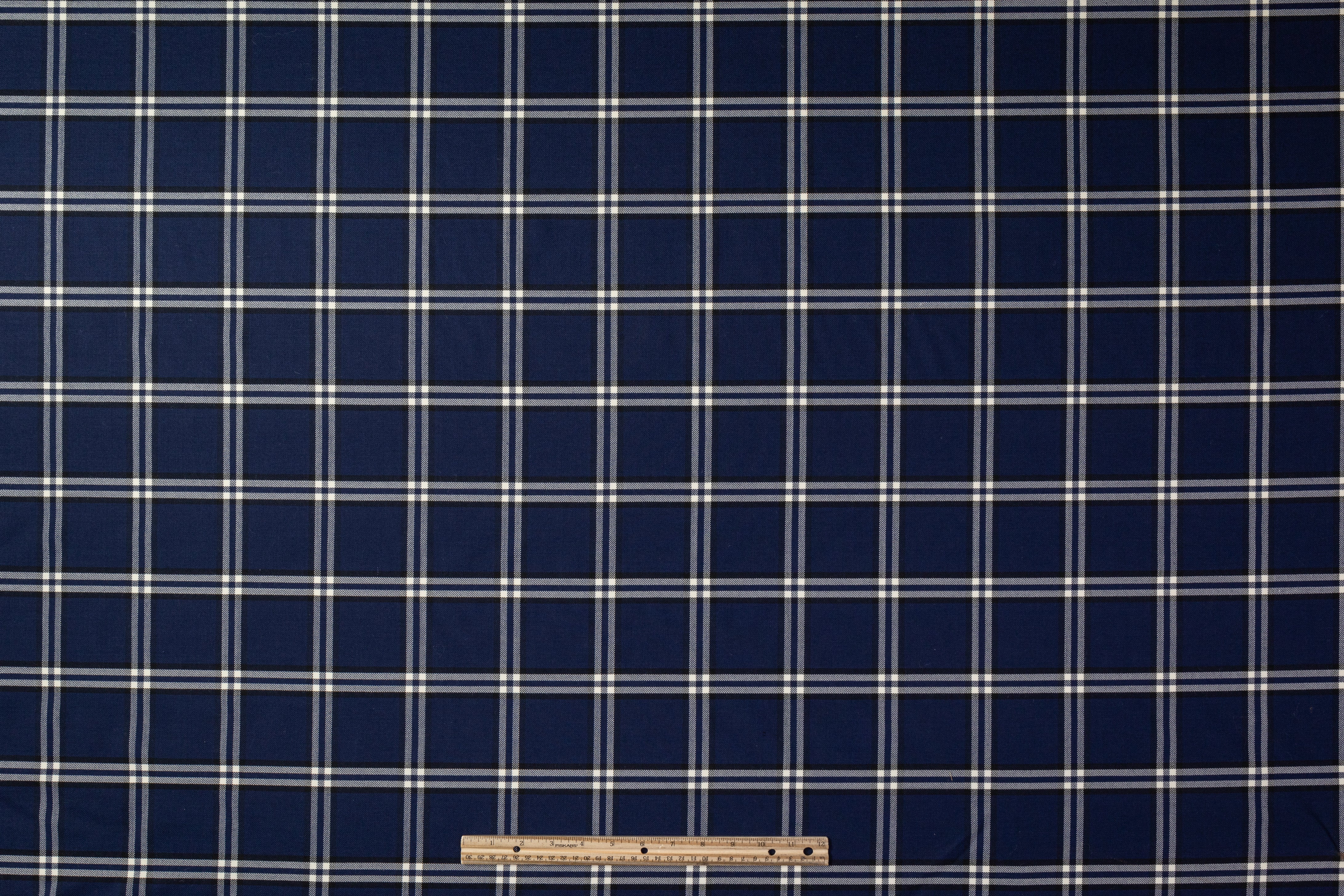 Checked Italian Stretch Wool Suiting - Navy Blue