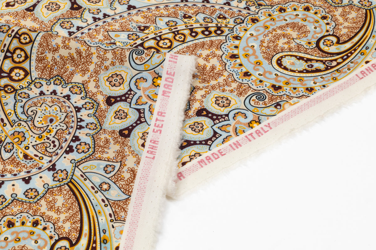 Paisley Printed Italian Silk and Wool Twill - Blue / Gold / Brown / Ivory