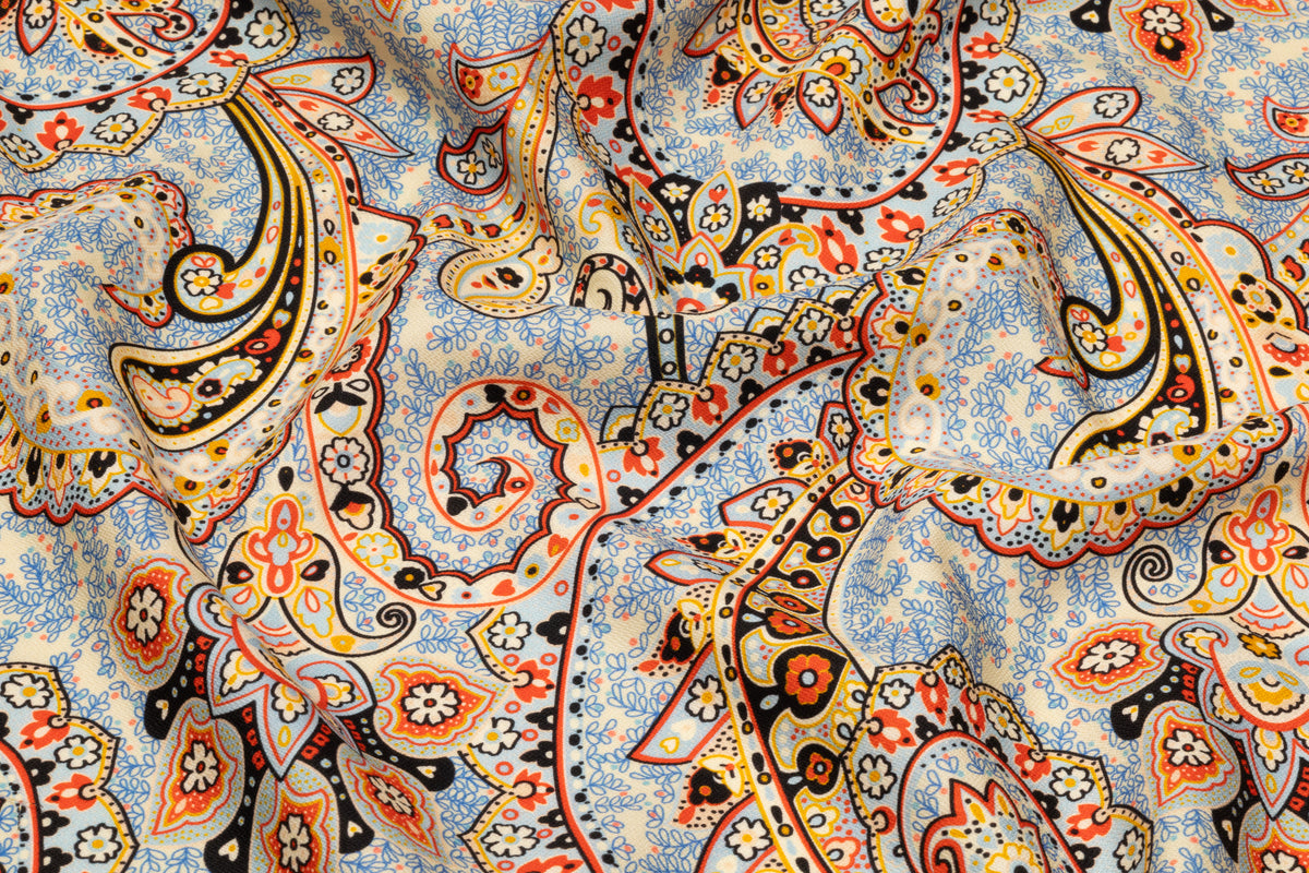 Paisley Printed Italian Silk and Wool Twill - Blue / Gold / Red