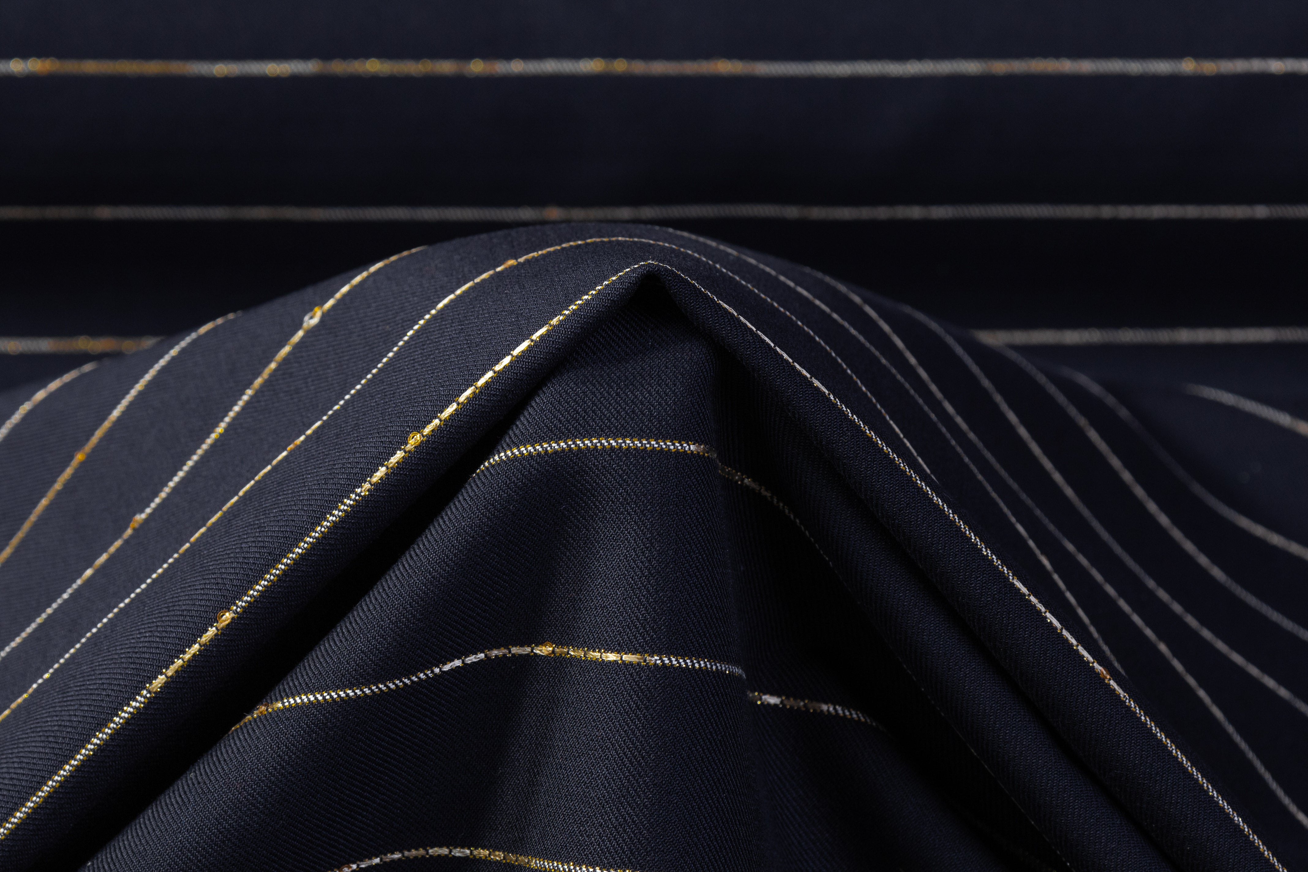 Metallic Striped Italian Wool Twill - Navy / Gold