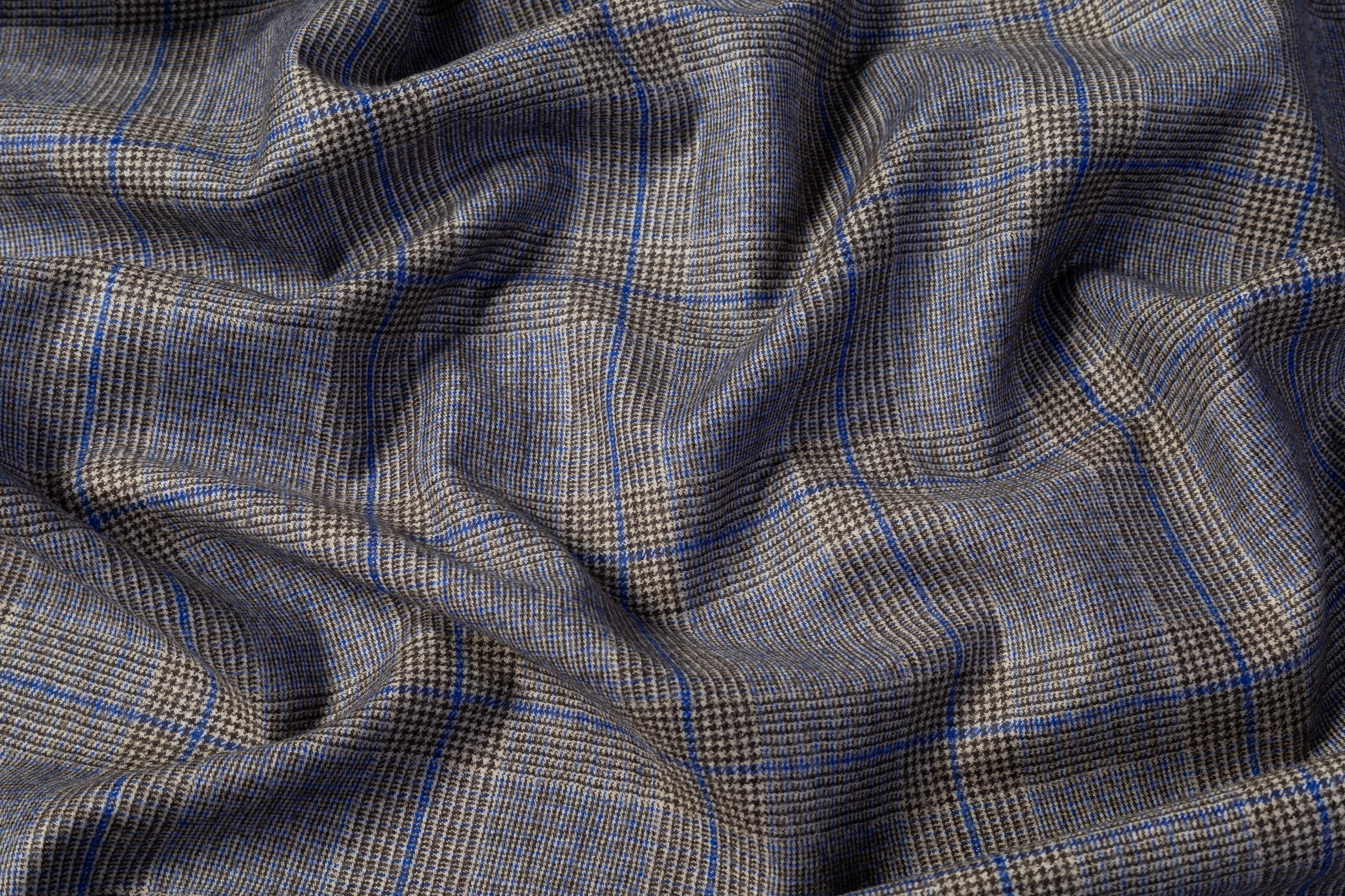 Marzotto - Plaid Italian Wool Flannel Suiting - Gray / Blue / Taupe