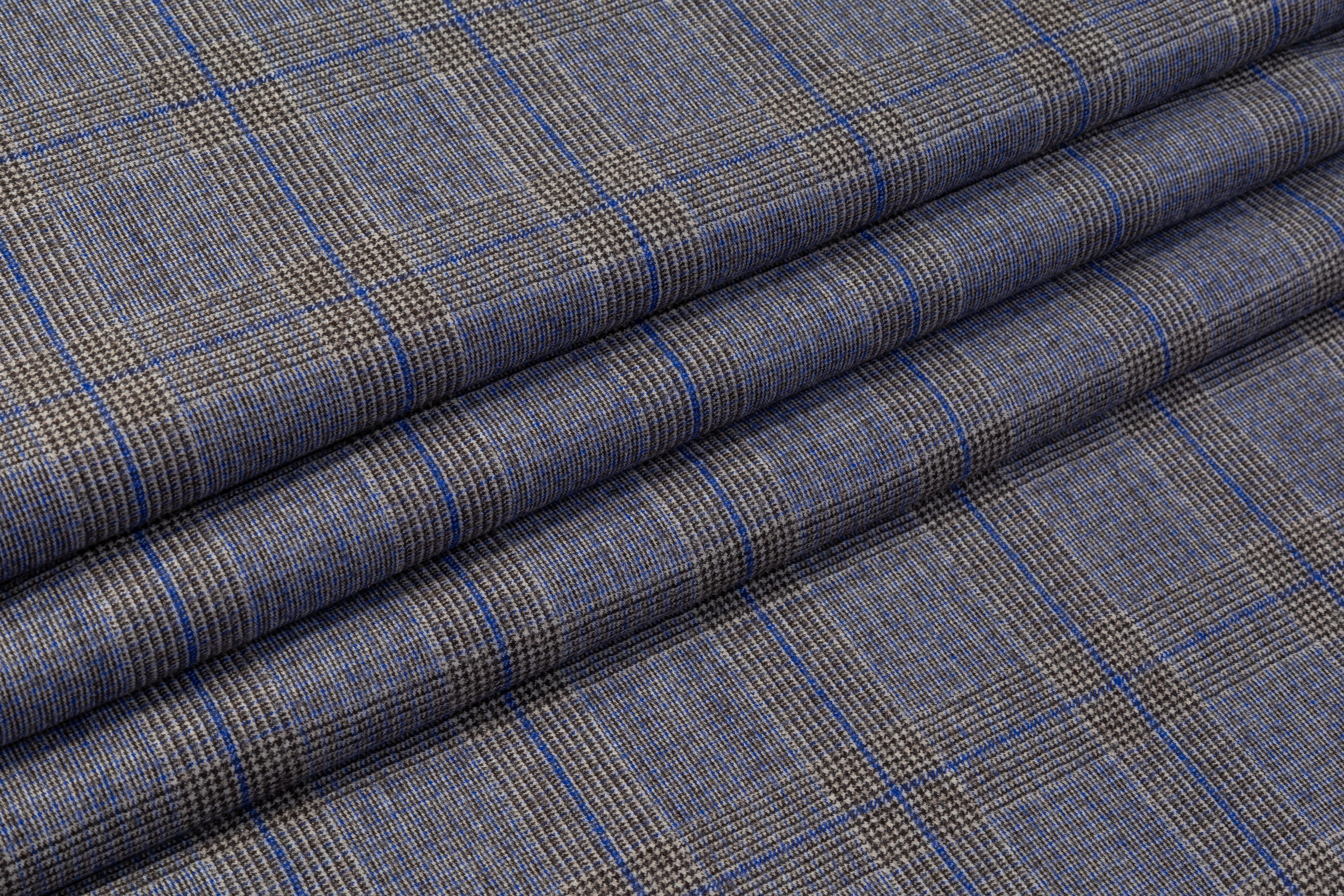 Marzotto - Plaid Italian Wool Flannel Suiting - Gray / Blue / Taupe