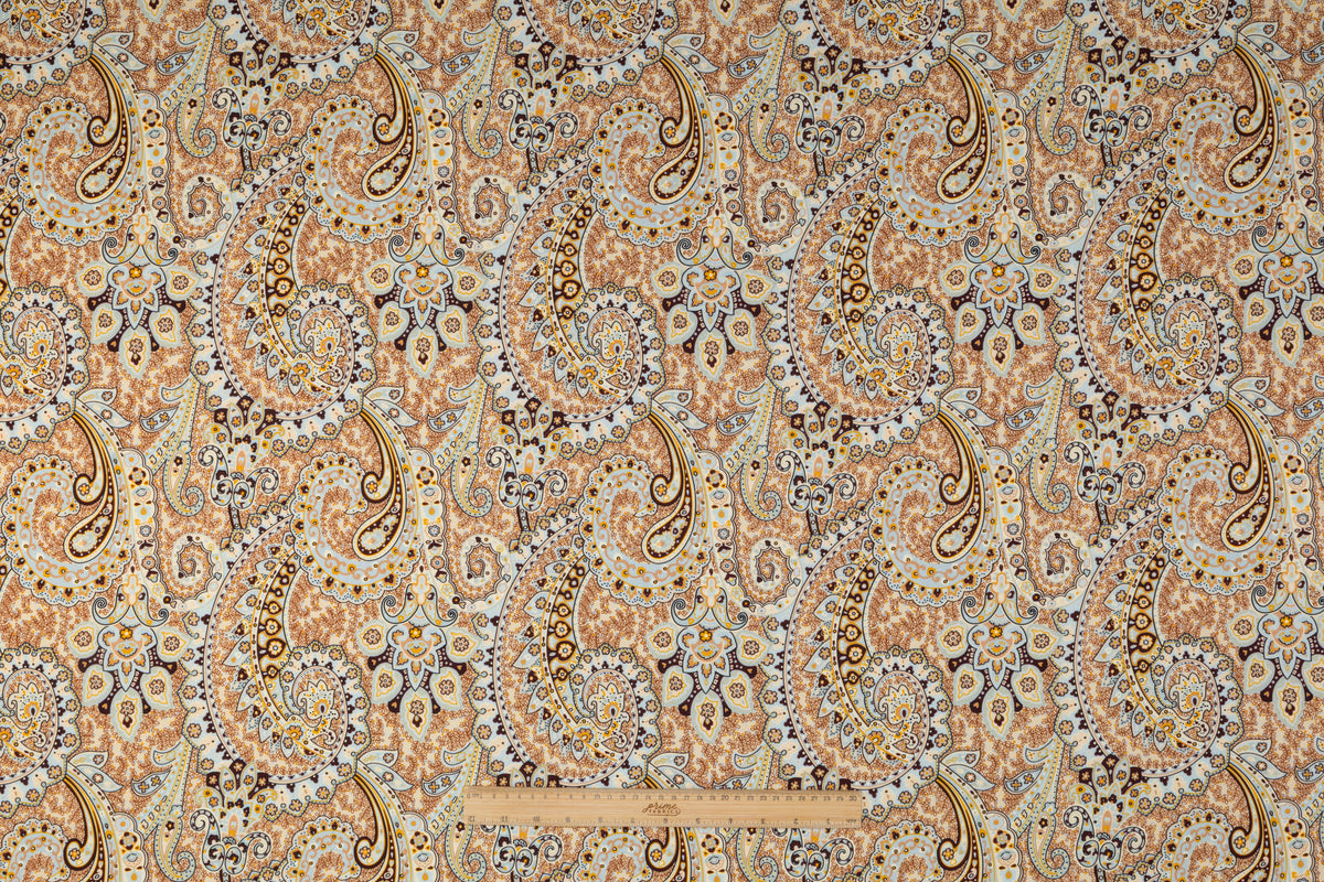 Paisley Printed Italian Silk and Wool Twill - Blue / Gold / Brown / Ivory