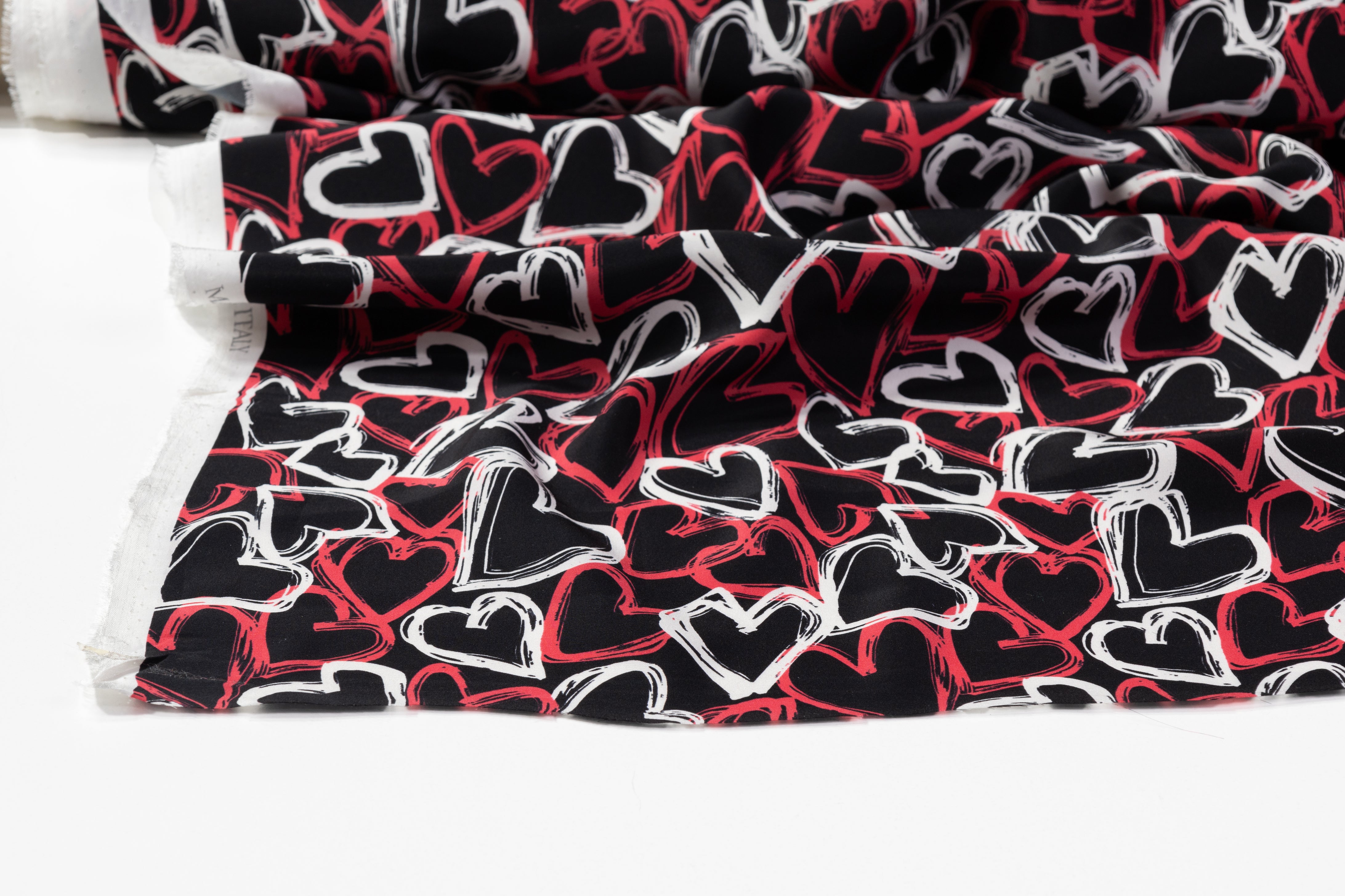 Heart Printed Italian Silk Charmeuse - Red / Black / White