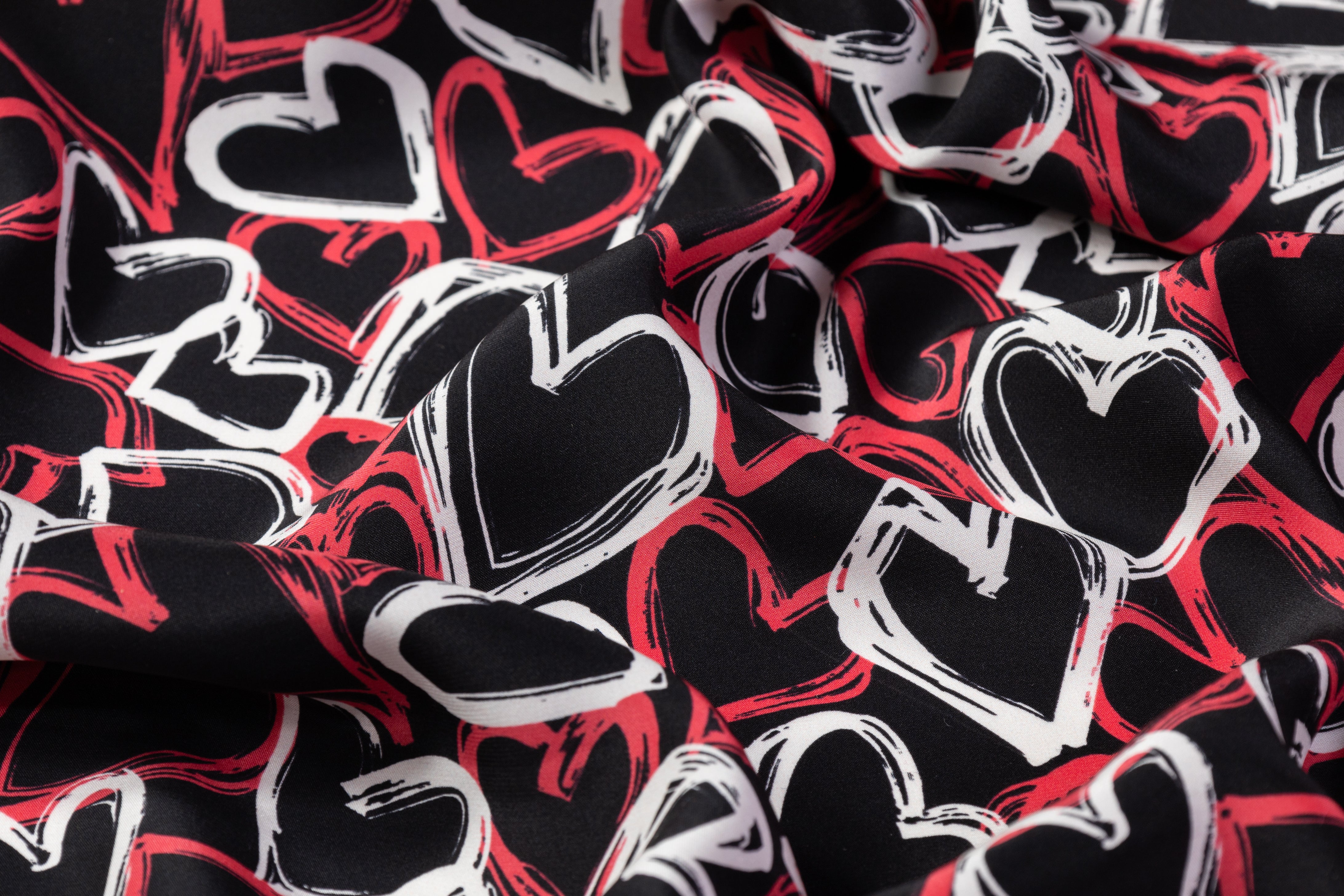 Heart Printed Italian Silk Charmeuse - Red / Black / White
