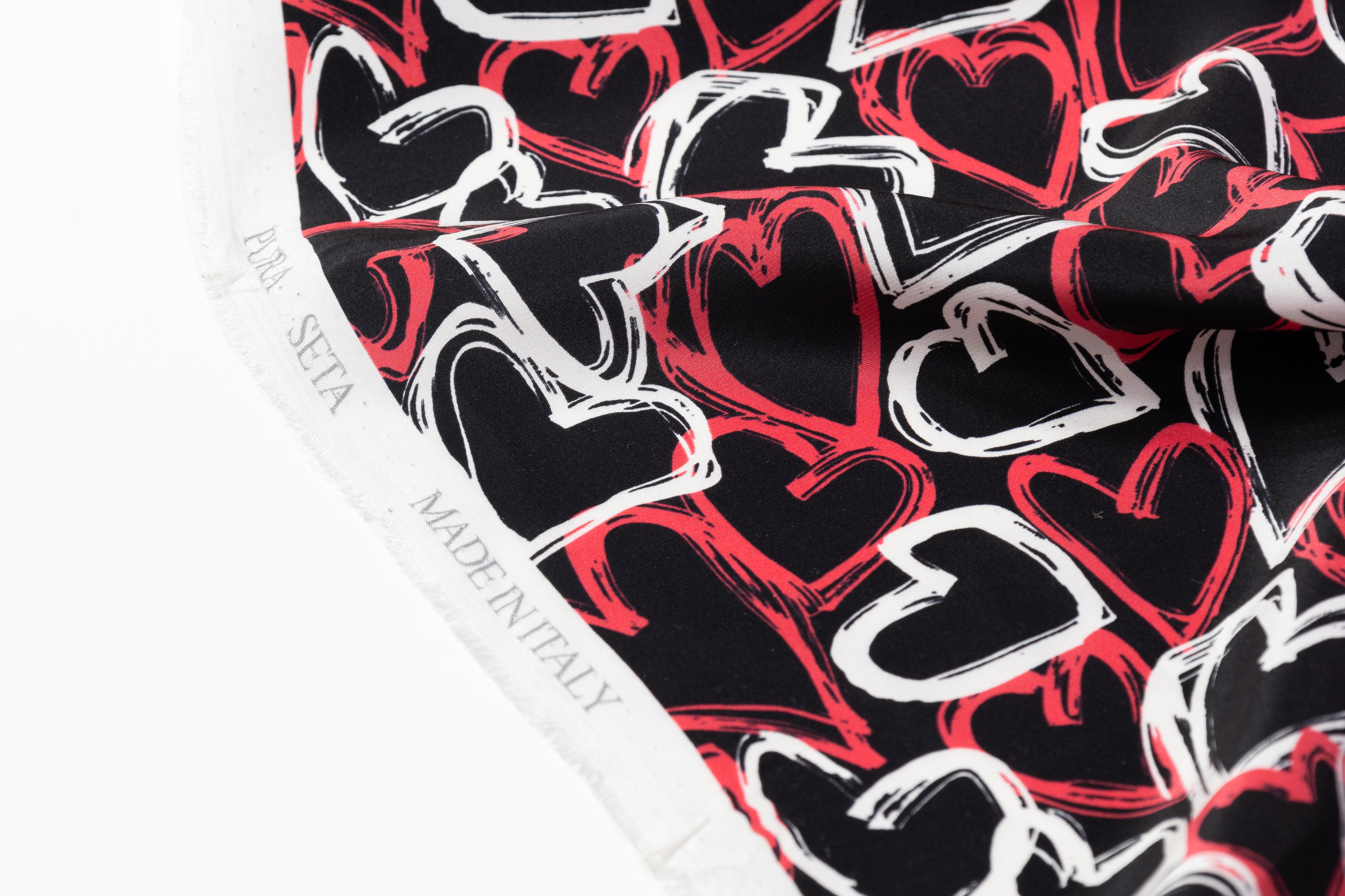 Heart Printed Italian Silk Charmeuse - Red / Black / White