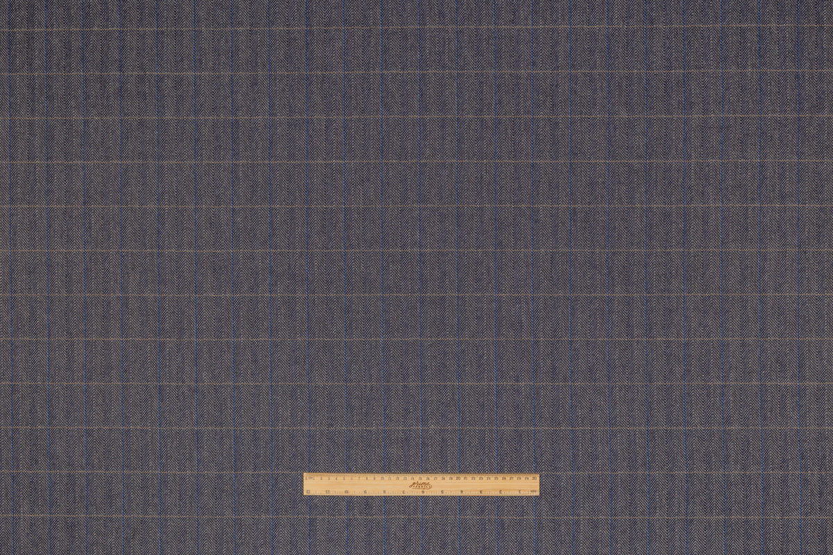 Checked Herringbone Italian Wool Cashmere Suiting - Navy Blue