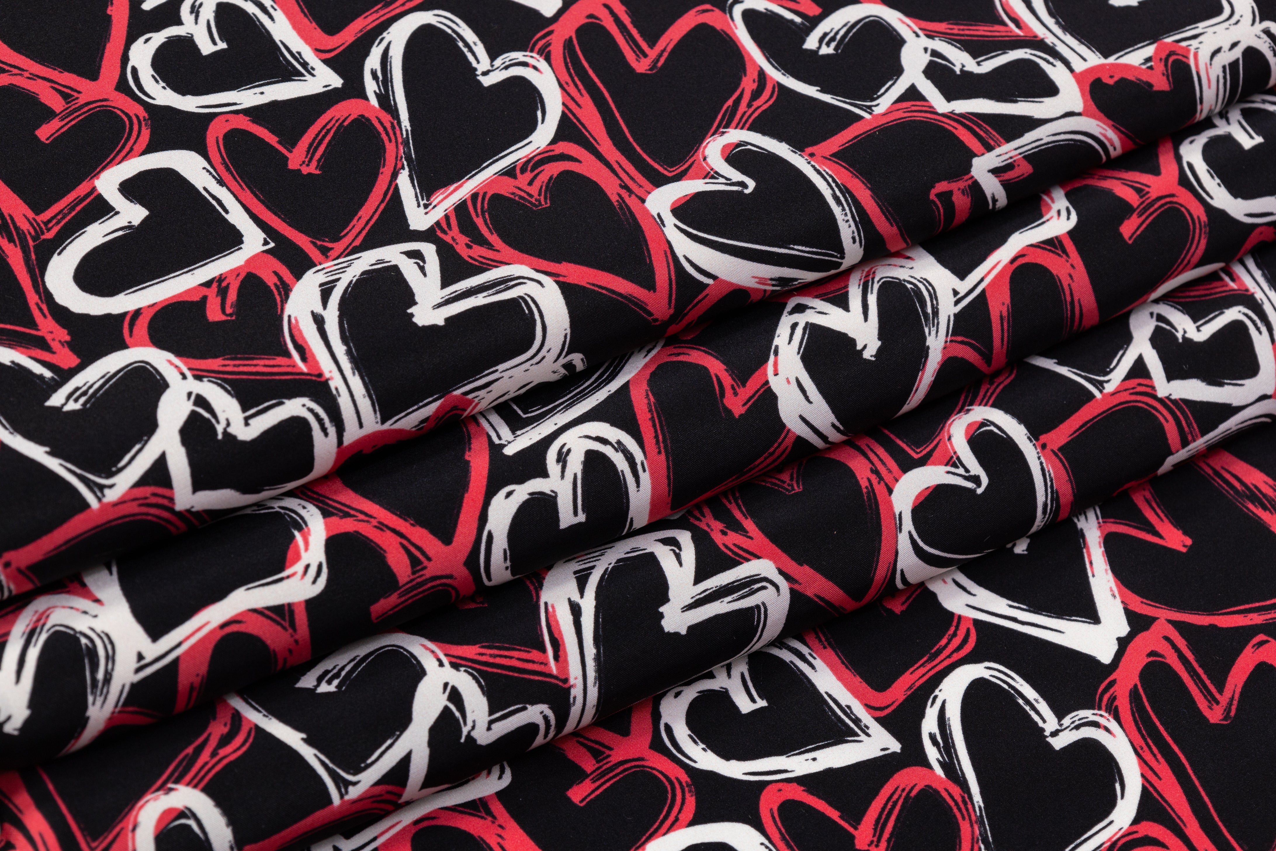Heart Printed Italian Silk Charmeuse - Red / Black / White