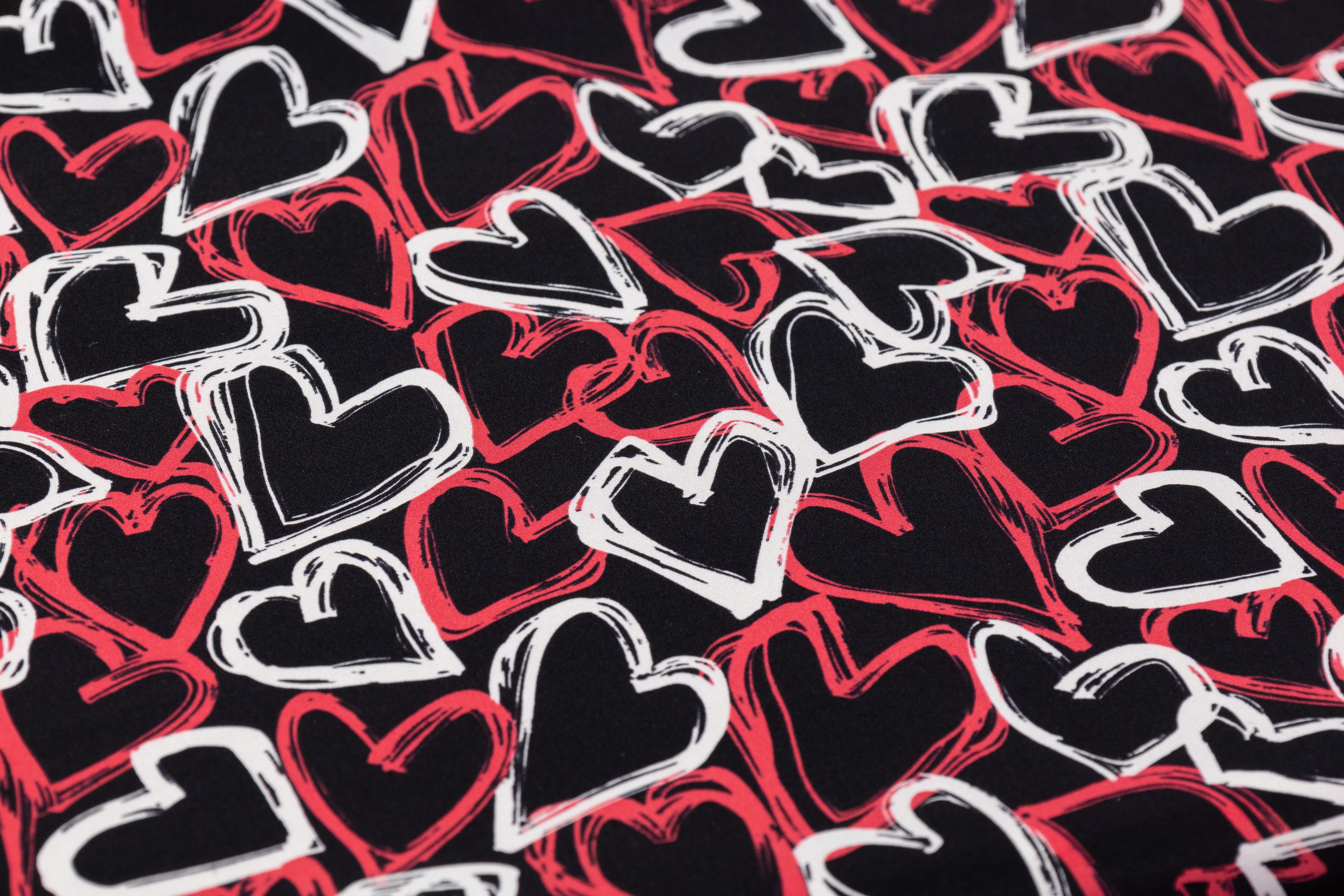 Heart Printed Italian Silk Charmeuse - Red / Black / White