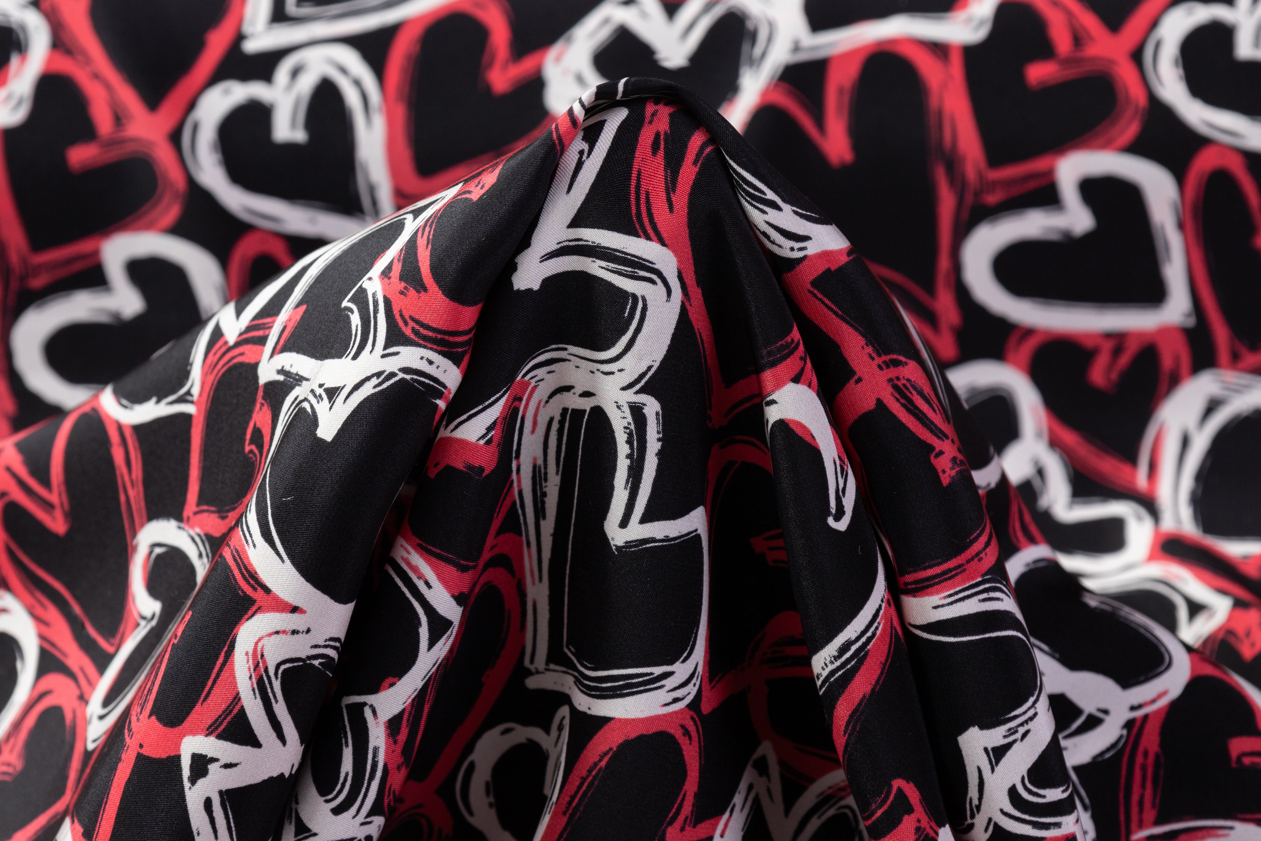 Heart Printed Italian Silk Charmeuse - Red / Black / White