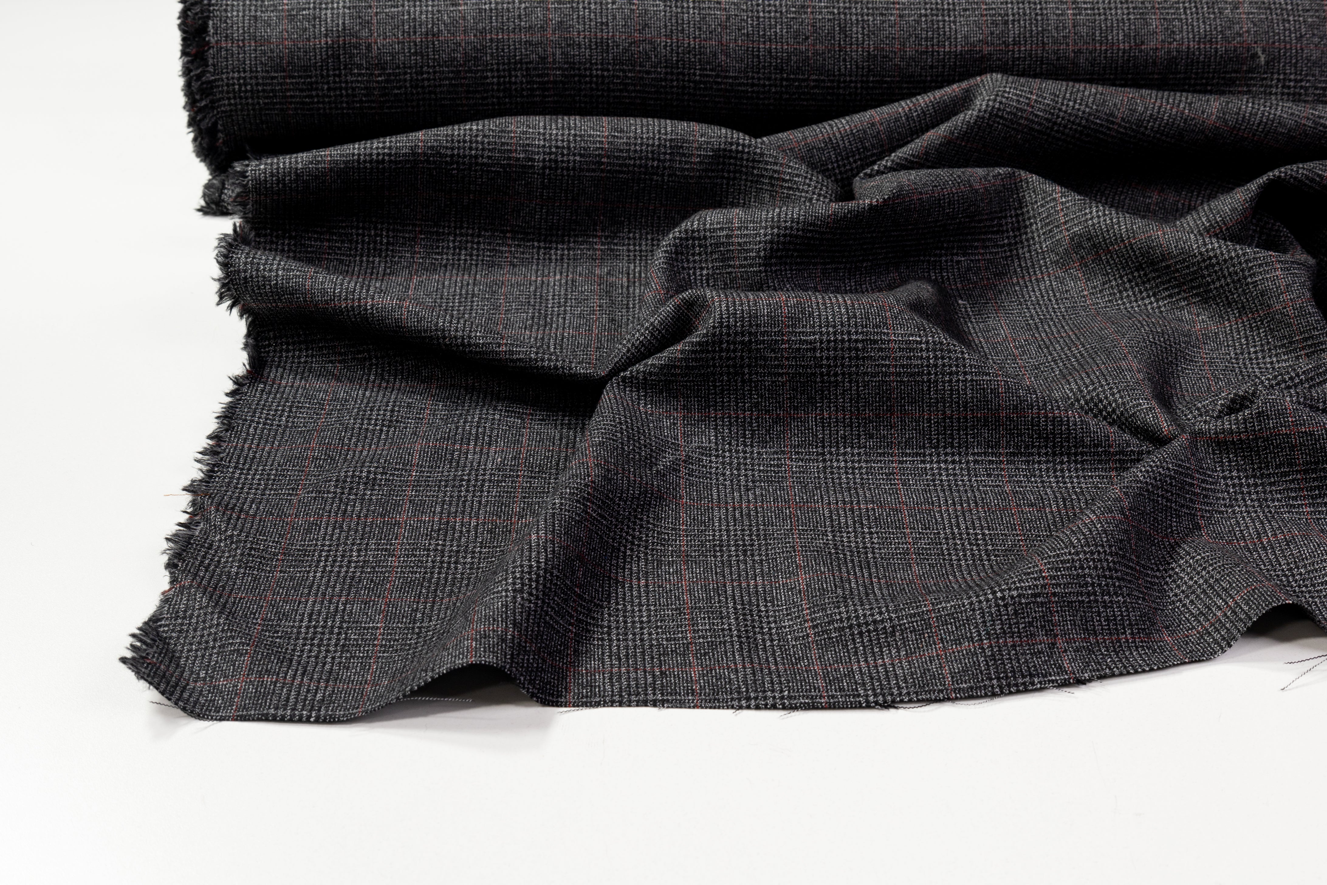 Checked Italian Wool Suiting - Charcoal Gray / Red