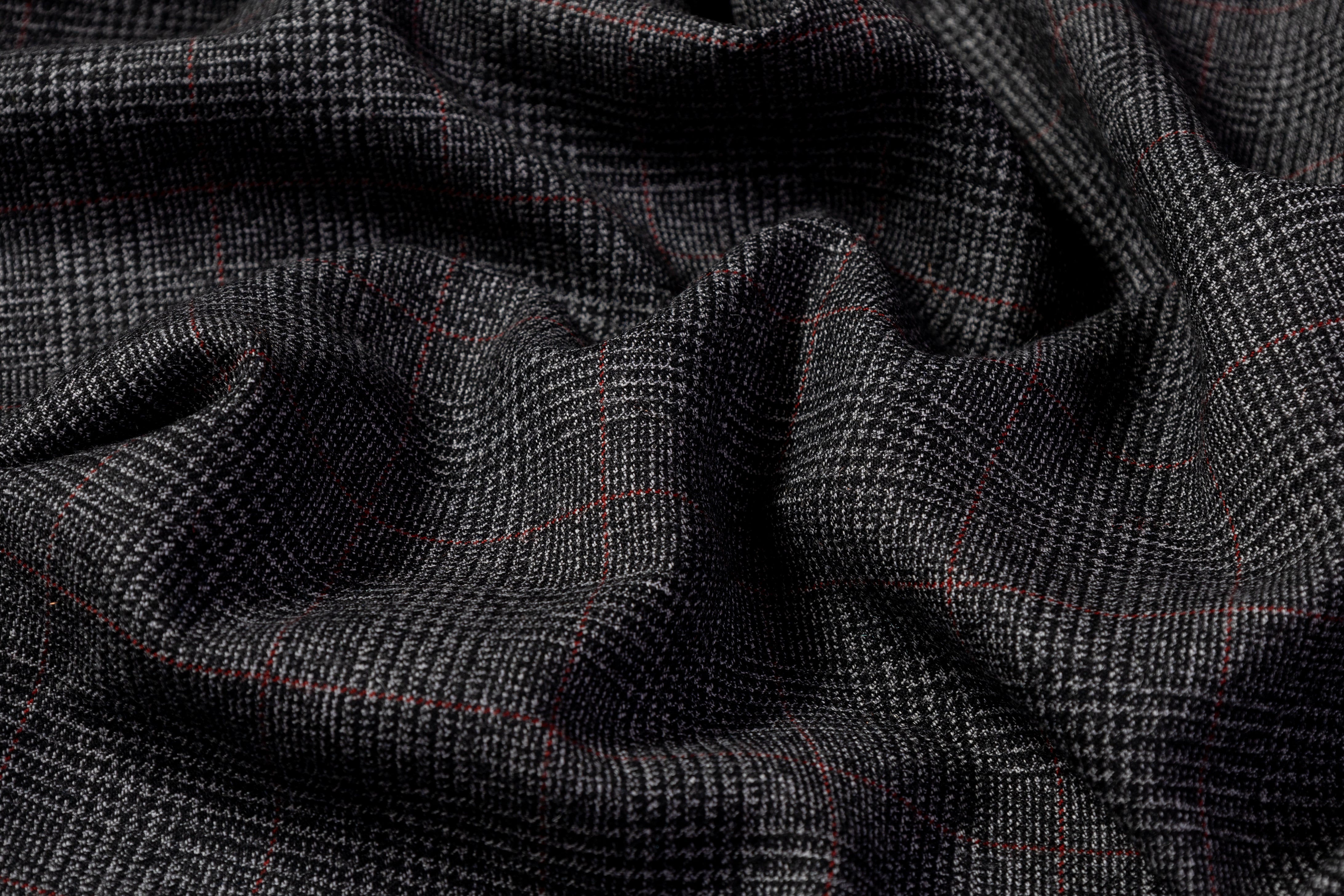 Checked Italian Wool Suiting - Charcoal Gray / Red