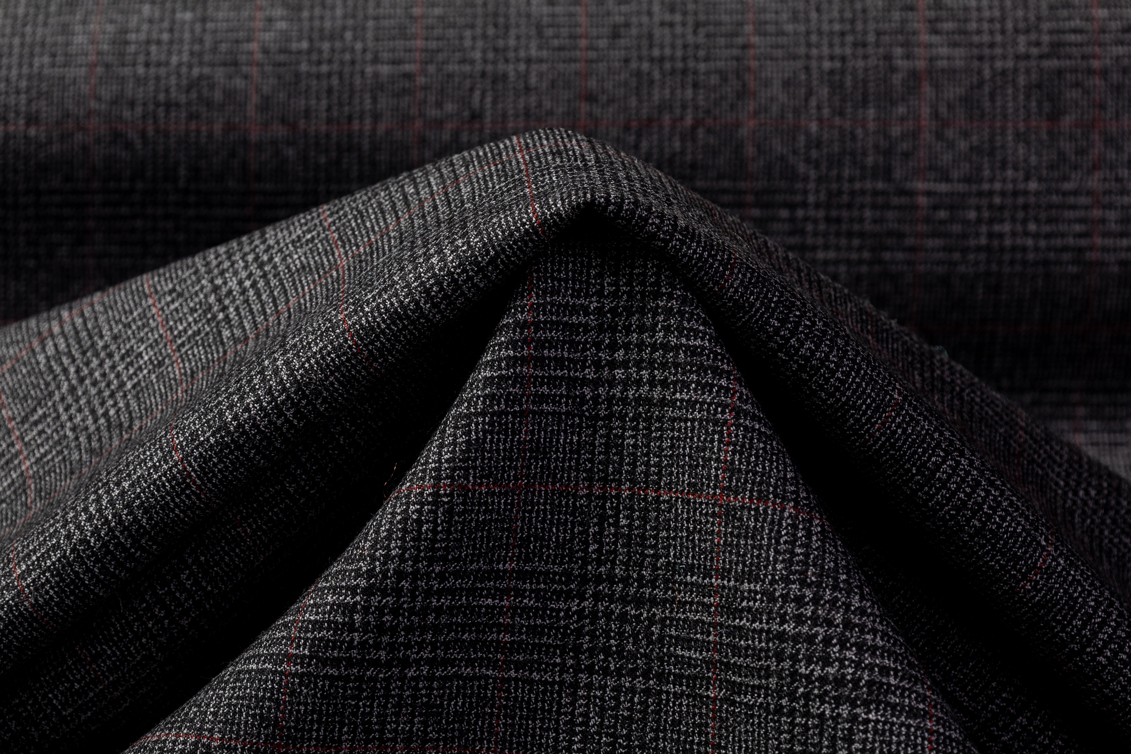 Checked Italian Wool Suiting - Charcoal Gray / Red
