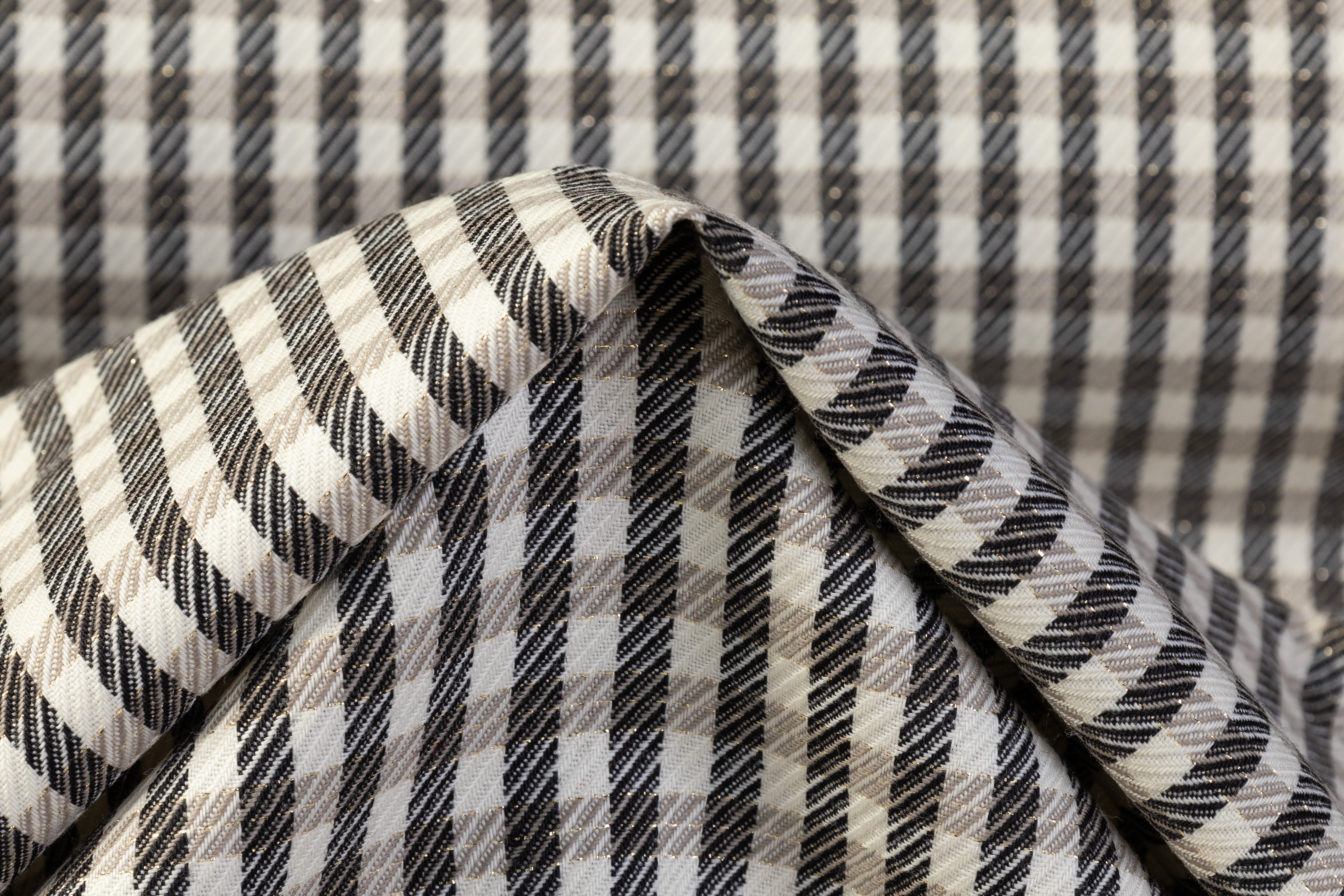 Metallic Checked Italian Wool Twill - Black / Taupe / Ivory / Gold