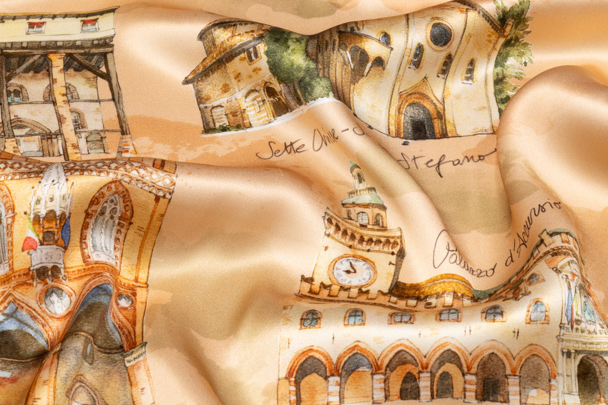 Bologna Landmarks Printed Italian Silk Charmeuse - Beige