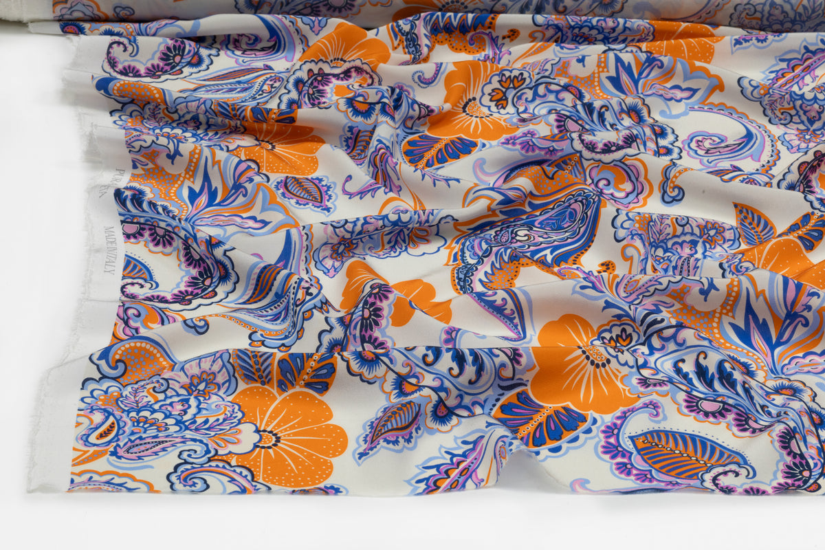 Paisley Italian Silk Crepe de Chine - Blue / Orange / Purple