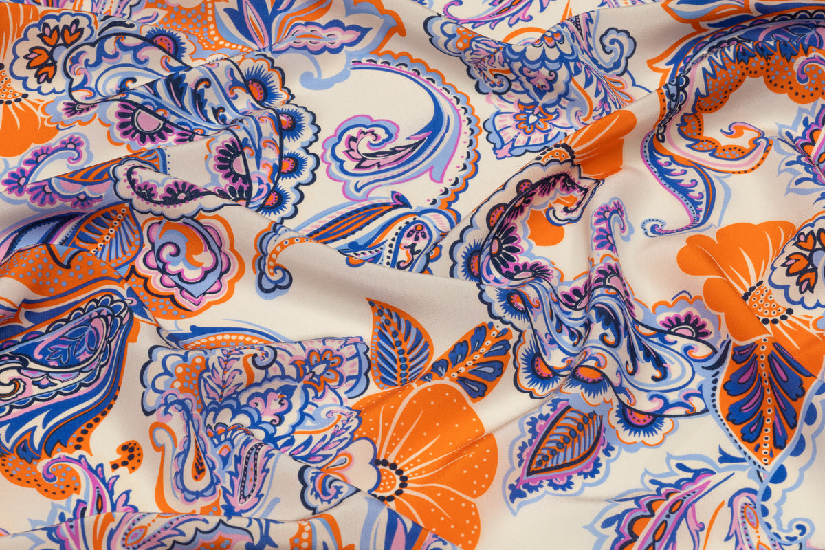 Paisley Italian Silk Crepe de Chine - Blue / Orange / Purple