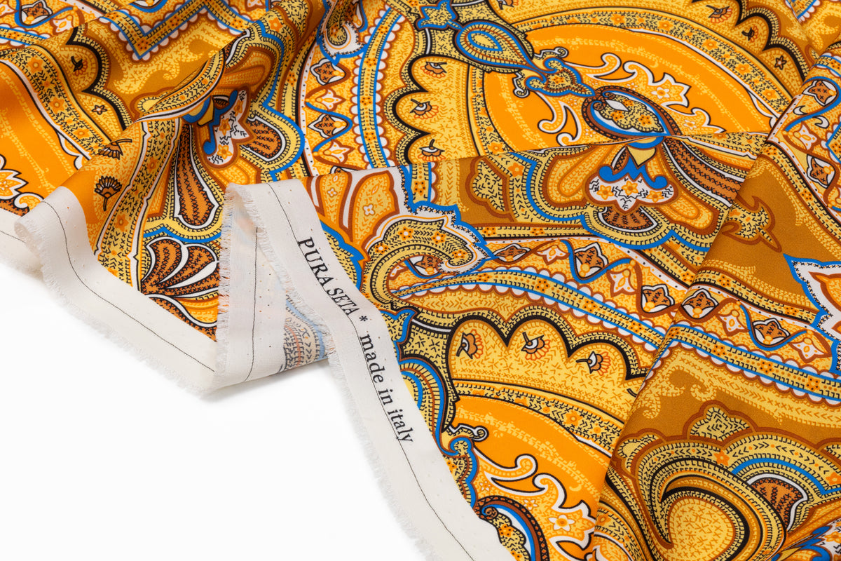 Paisley Italian Silk Crepe de Chine - Golden Orange