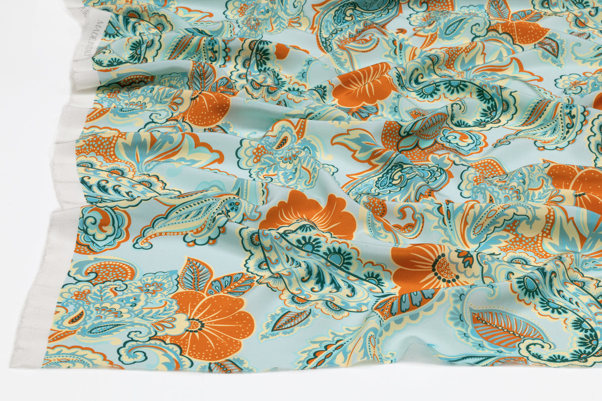 Paisley Italian Silk Crepe de Chine - Aqua Blue / Orange