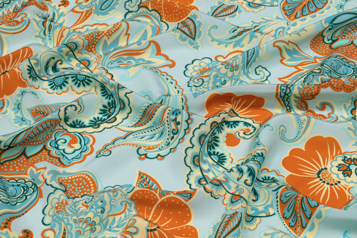 Paisley Italian Silk Crepe de Chine - Aqua Blue / Orange