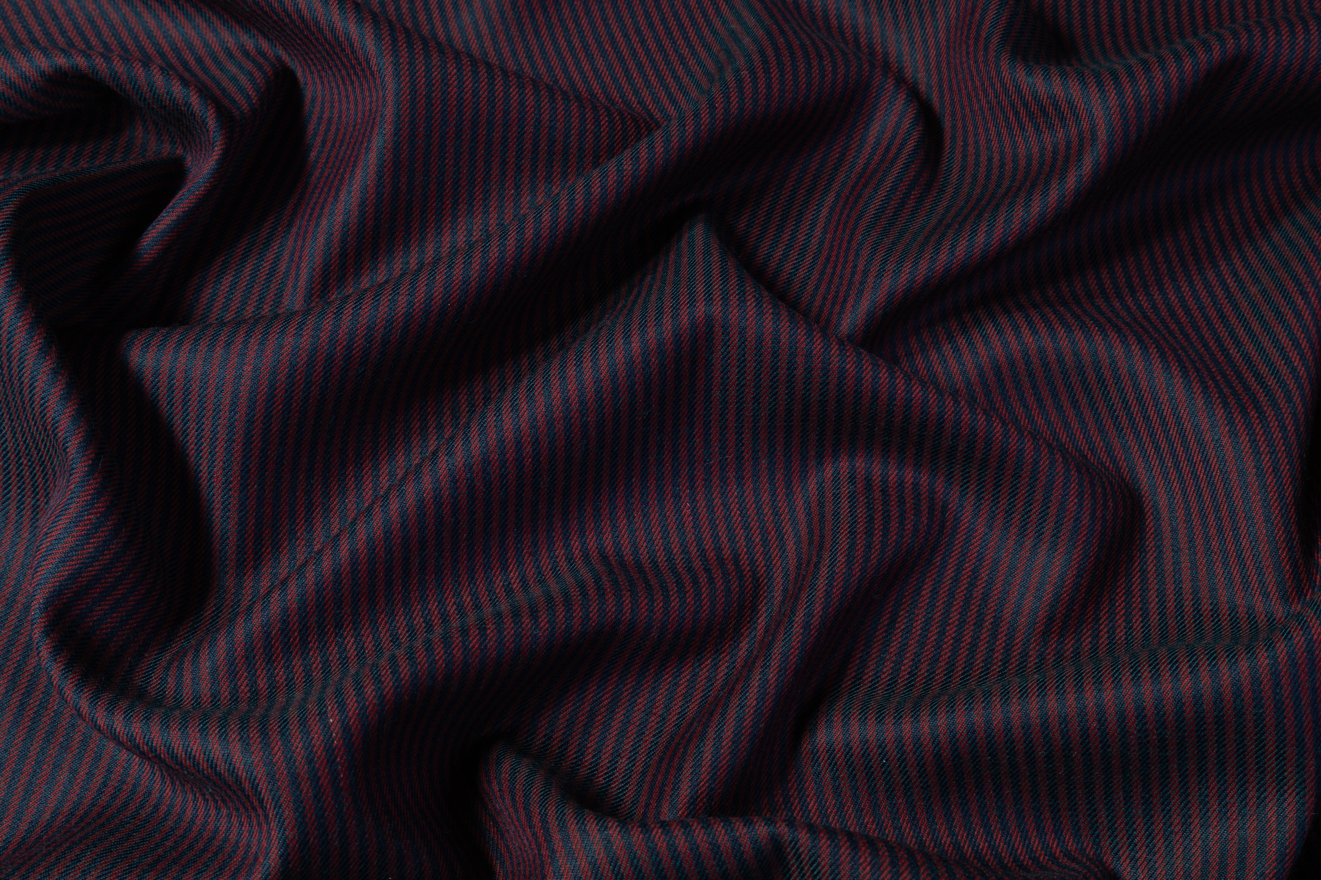 Striped Italian Wool Acetate Twill Suiting - Red / Navy