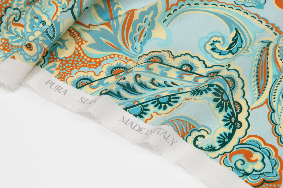 Paisley Italian Silk Crepe de Chine - Aqua Blue / Orange