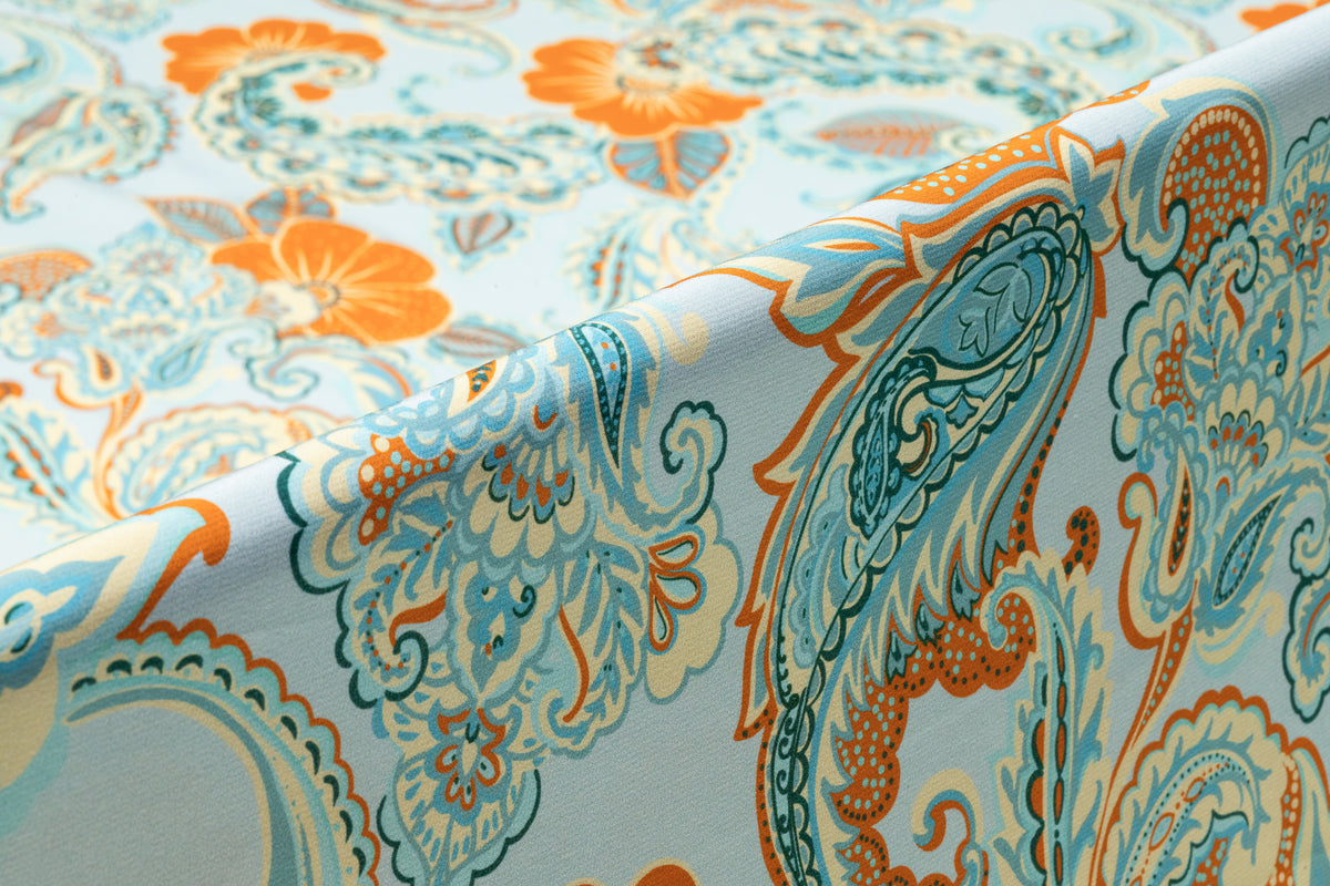 Paisley Italian Silk Crepe de Chine - Aqua Blue / Orange