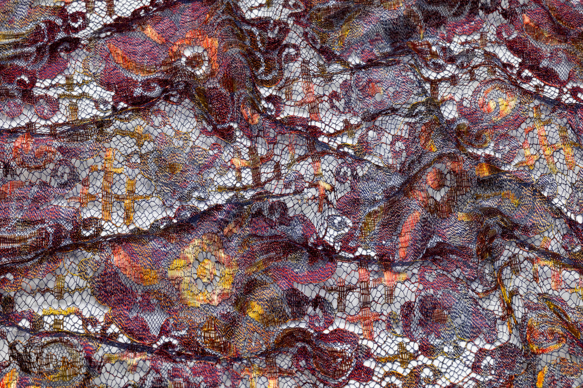 Solstiss - Metallic Printed French Lace - Burgundy / Copper / Gold