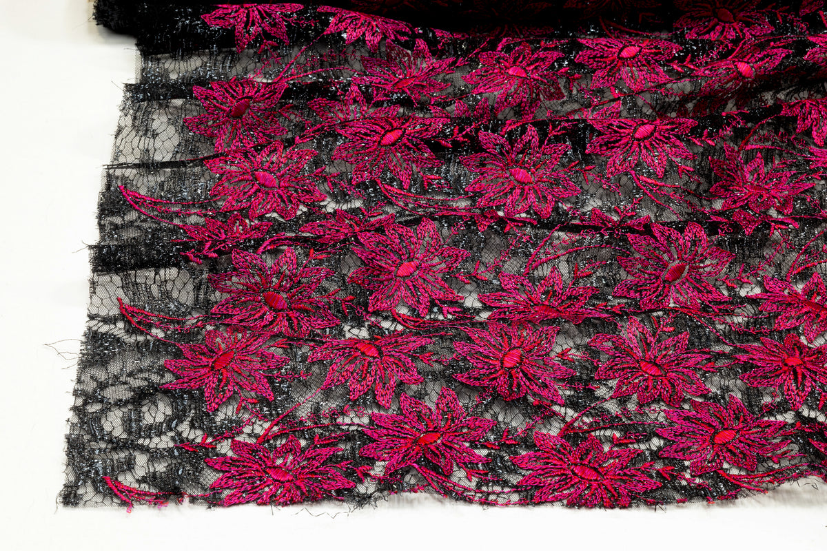 Floral Embroidered Metallic Italian Lace - Magenta / Black