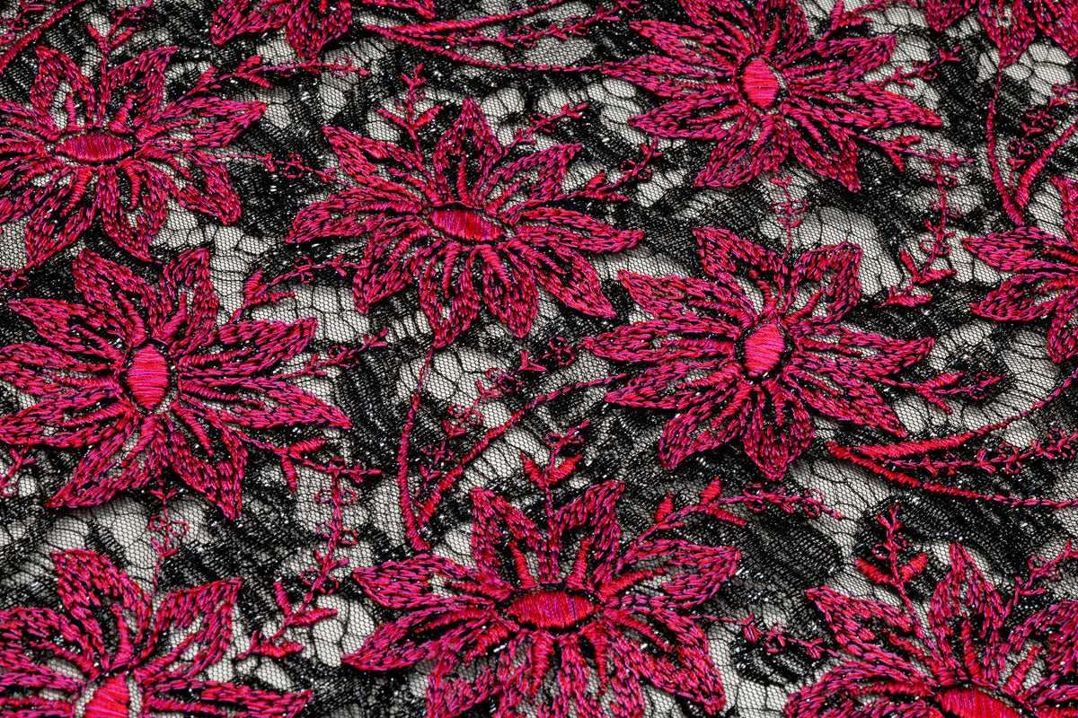Floral Embroidered Metallic Italian Lace - Magenta / Black