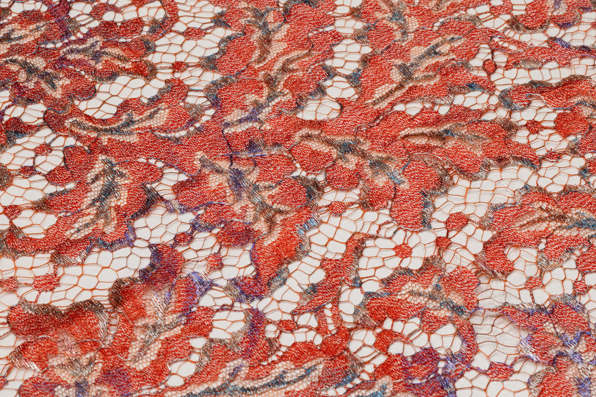 Solstiss - Metallic Printed French Lace - Coral Red / Blue / Silver